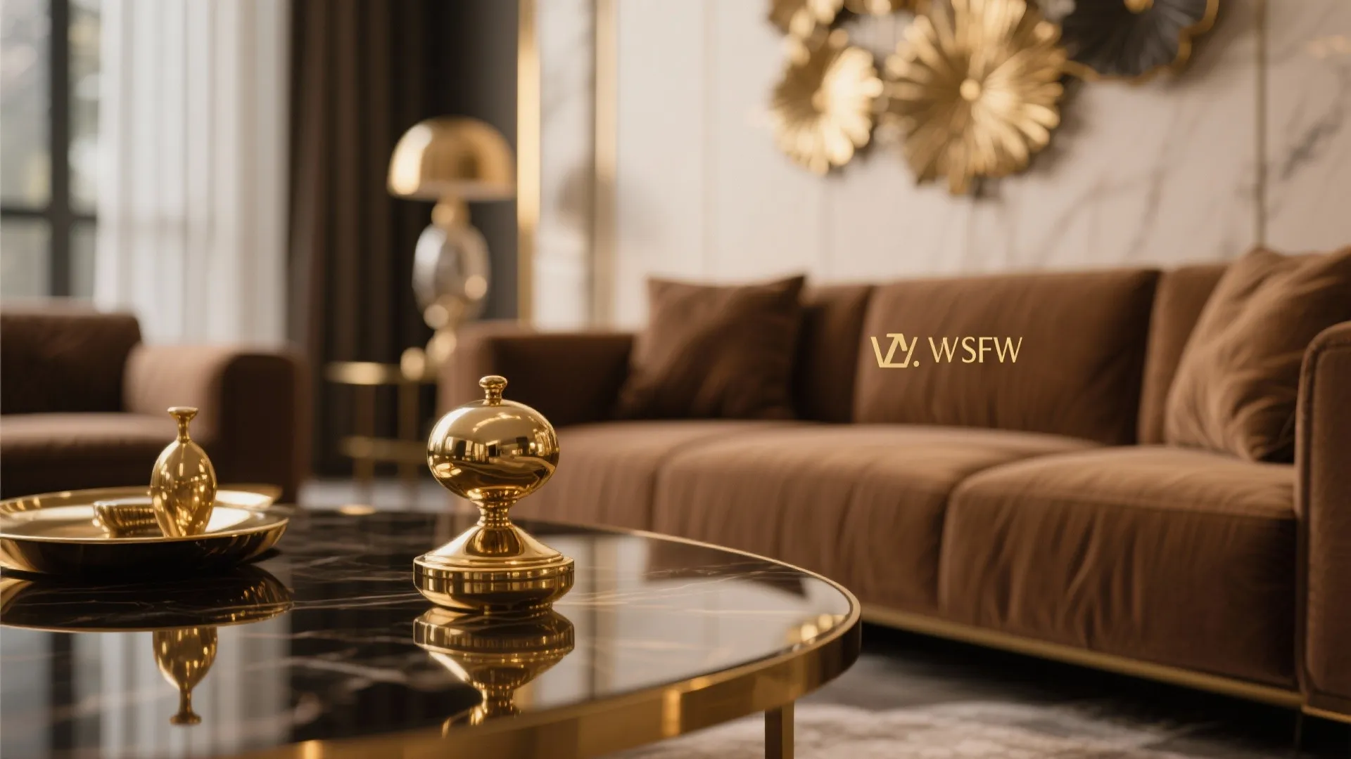 Close-up of brass accents on a coffee table in a brown living room