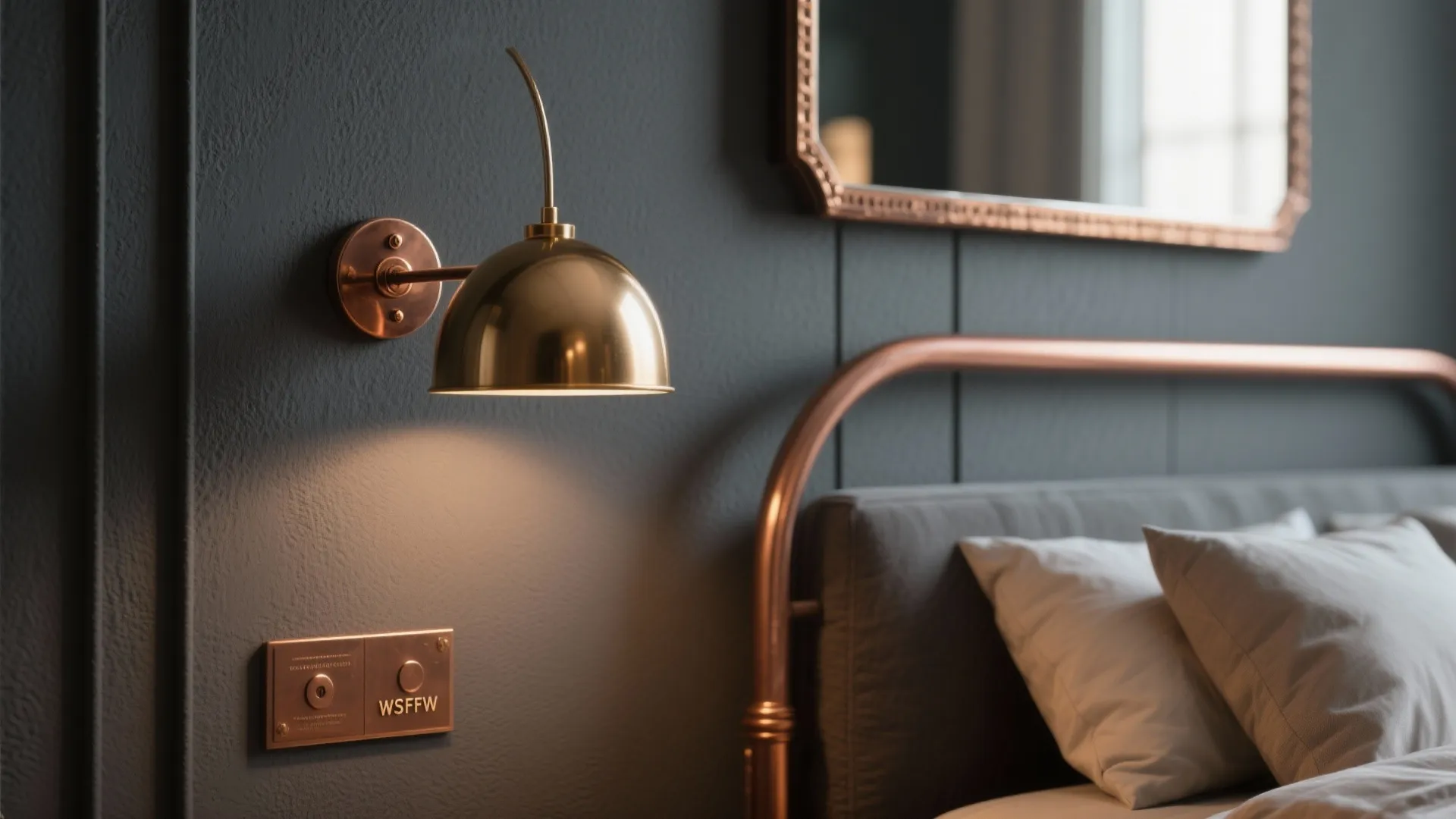 Close-up of brass and copper accents against a dark gray painted wall and a warm metal mirror frame.