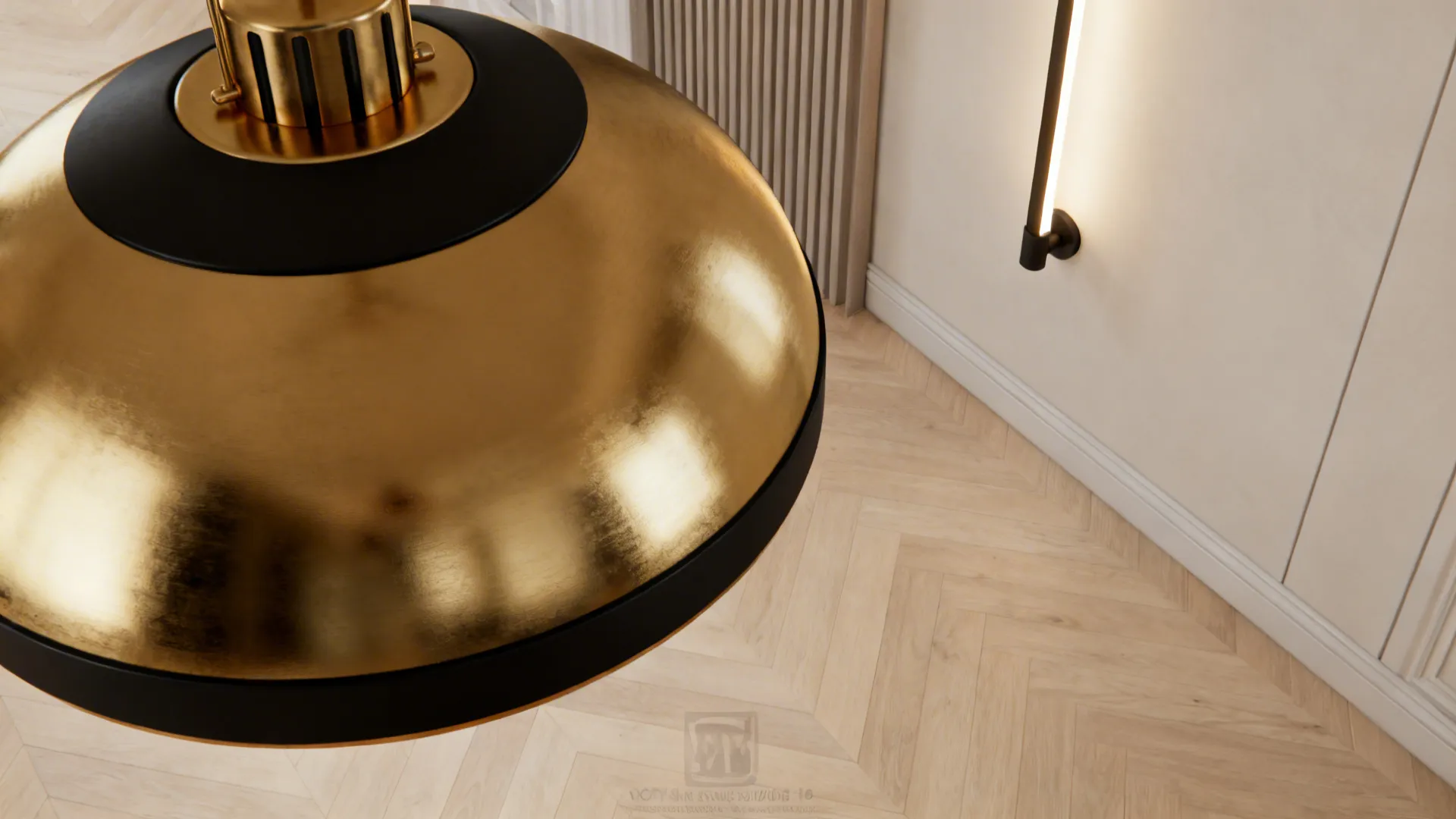 Brass pendant and matte-black accents over light hardwood floors