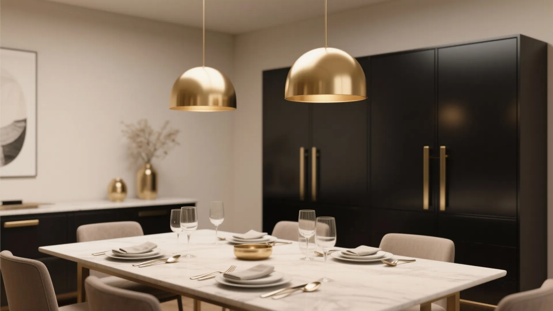 Elegant dining room featuring black cabinets, marble table, gold ceiling lights, and gold table accessories