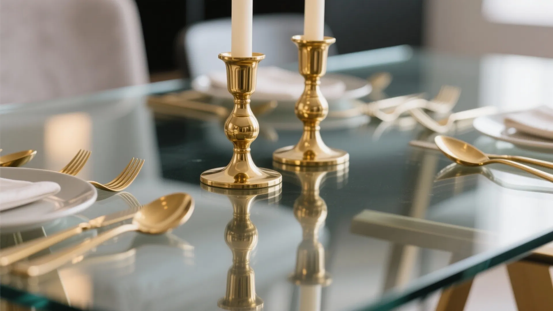 Close up of gold candle holders and matching gold cutlery set on a glass table