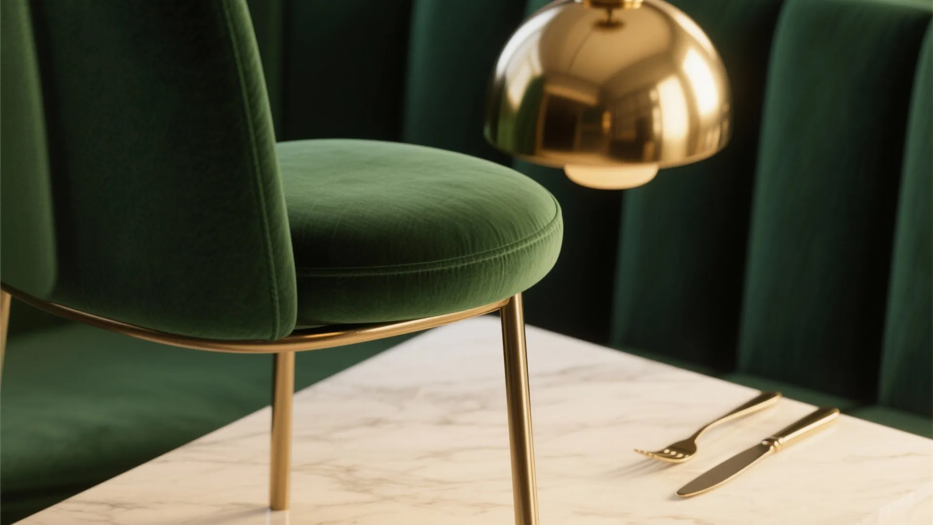 Close-up of brass and brushed gold accents beside dark green upholstery