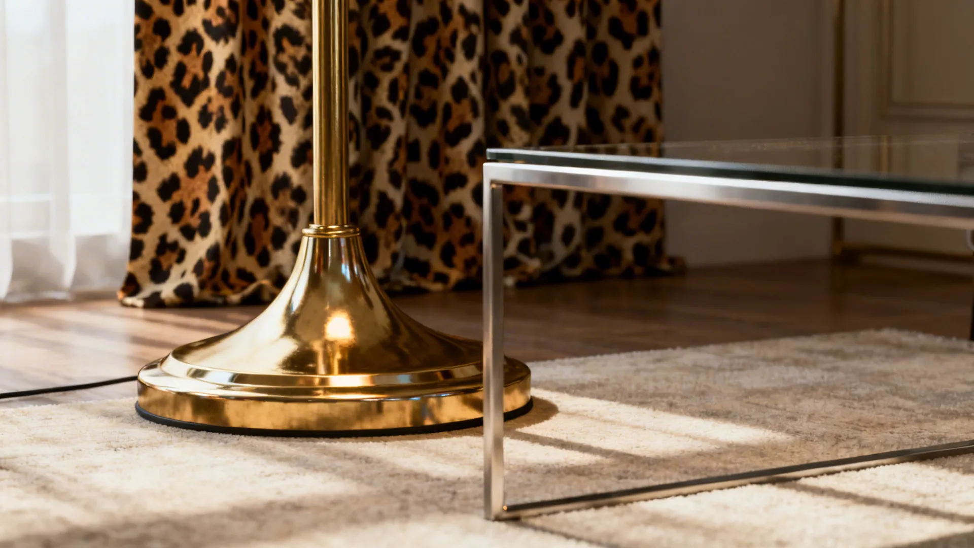 Brass lamp and slim metal table detail with leopard curtain softly visible in the background.