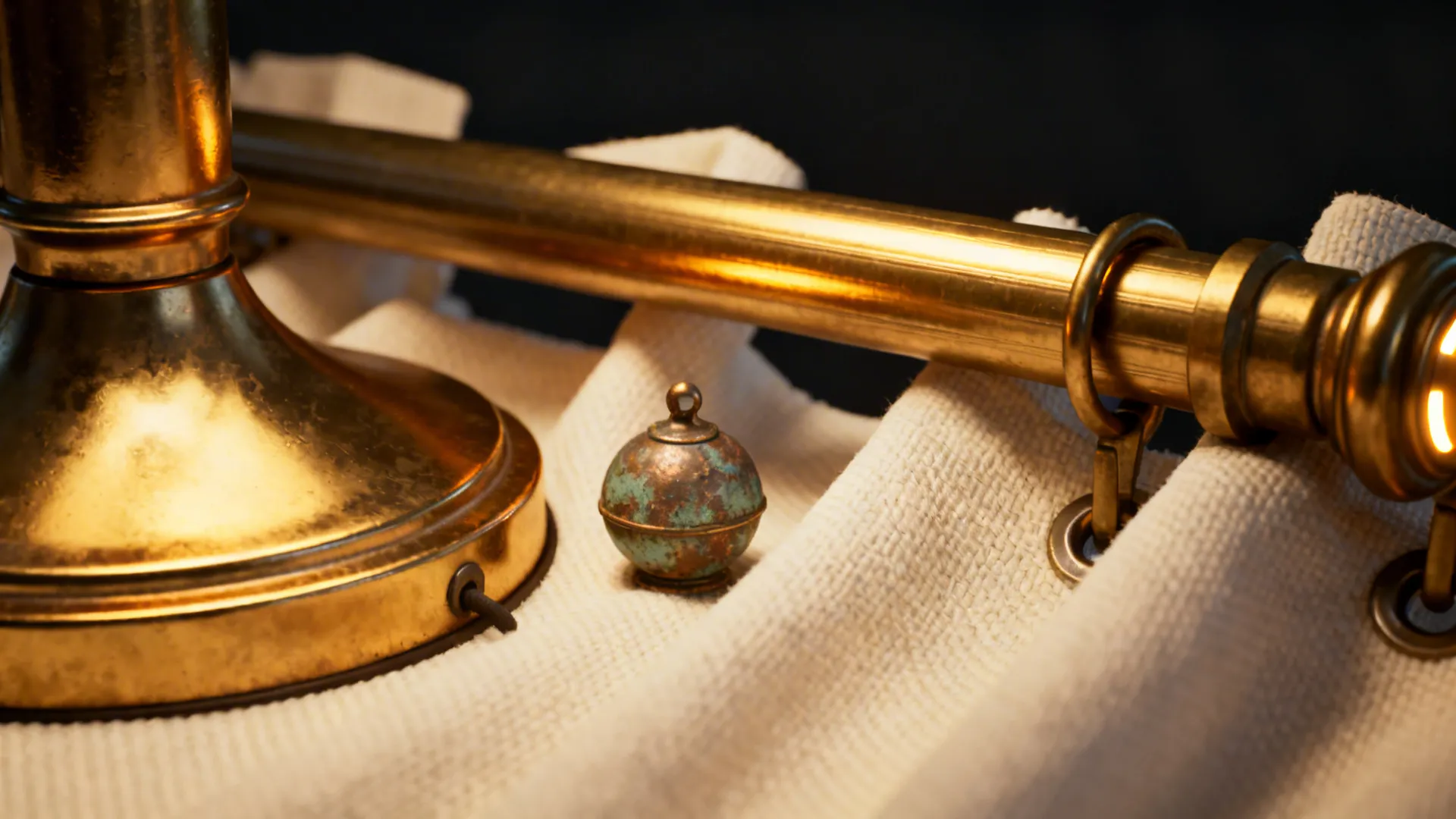 Close-up of gold lamp base, brass curtain rod and decor under layered warm lighting, showing metal texture.