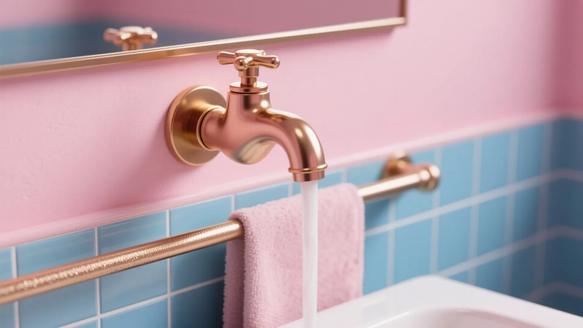 Rose gold wall light fixture with flowing water over a white sink and blue wall tiles