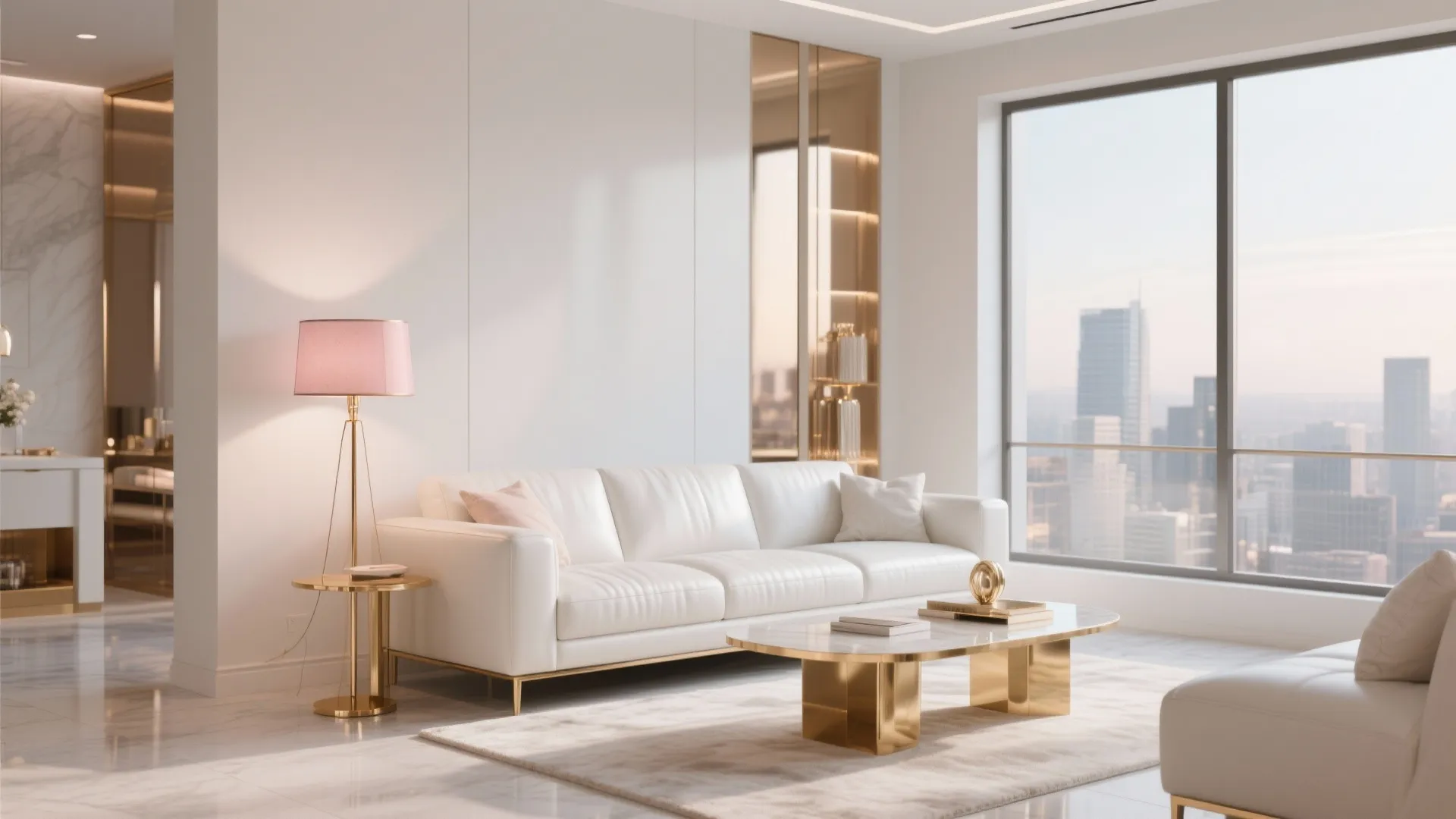 Modern living room featuring white leather sofa gold coffee table floor lamp and large window