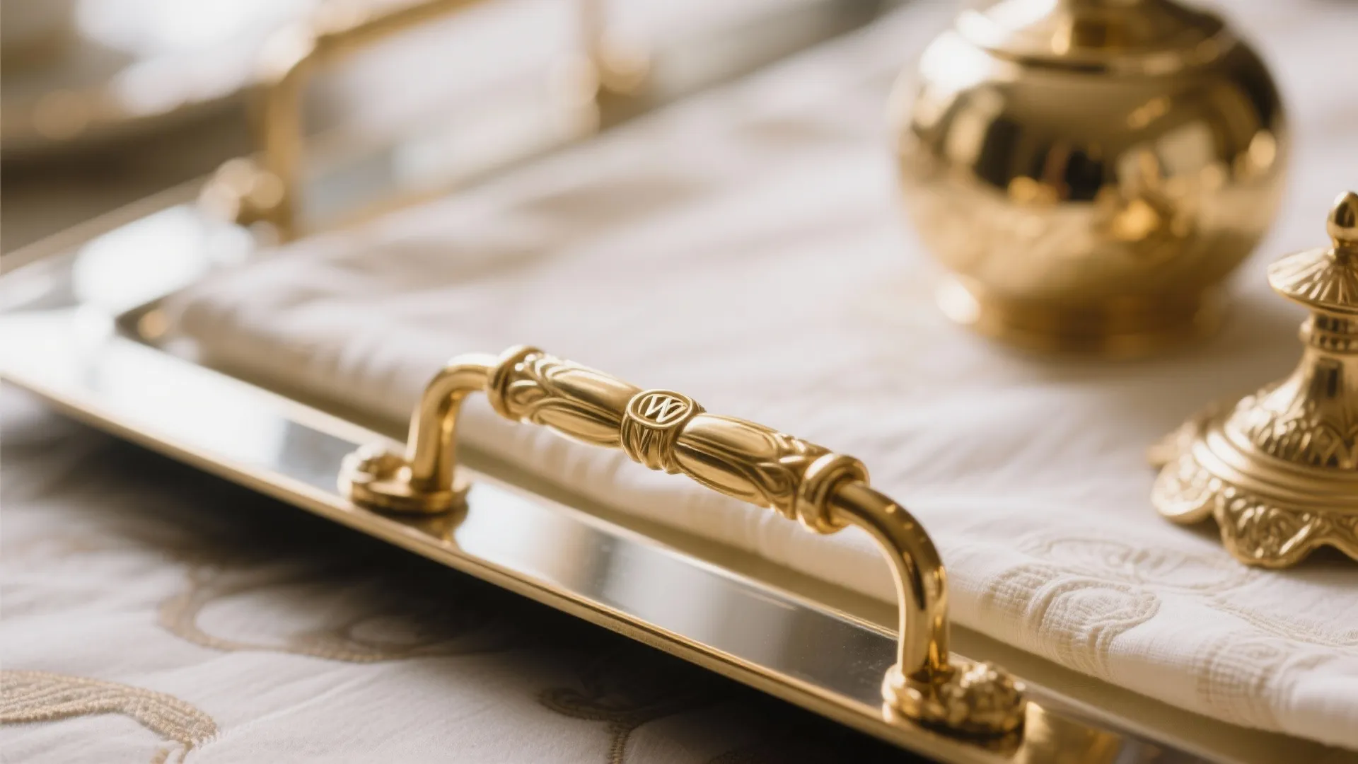 Close up view of a luxury gold metal tray with handles on a white fabric surface