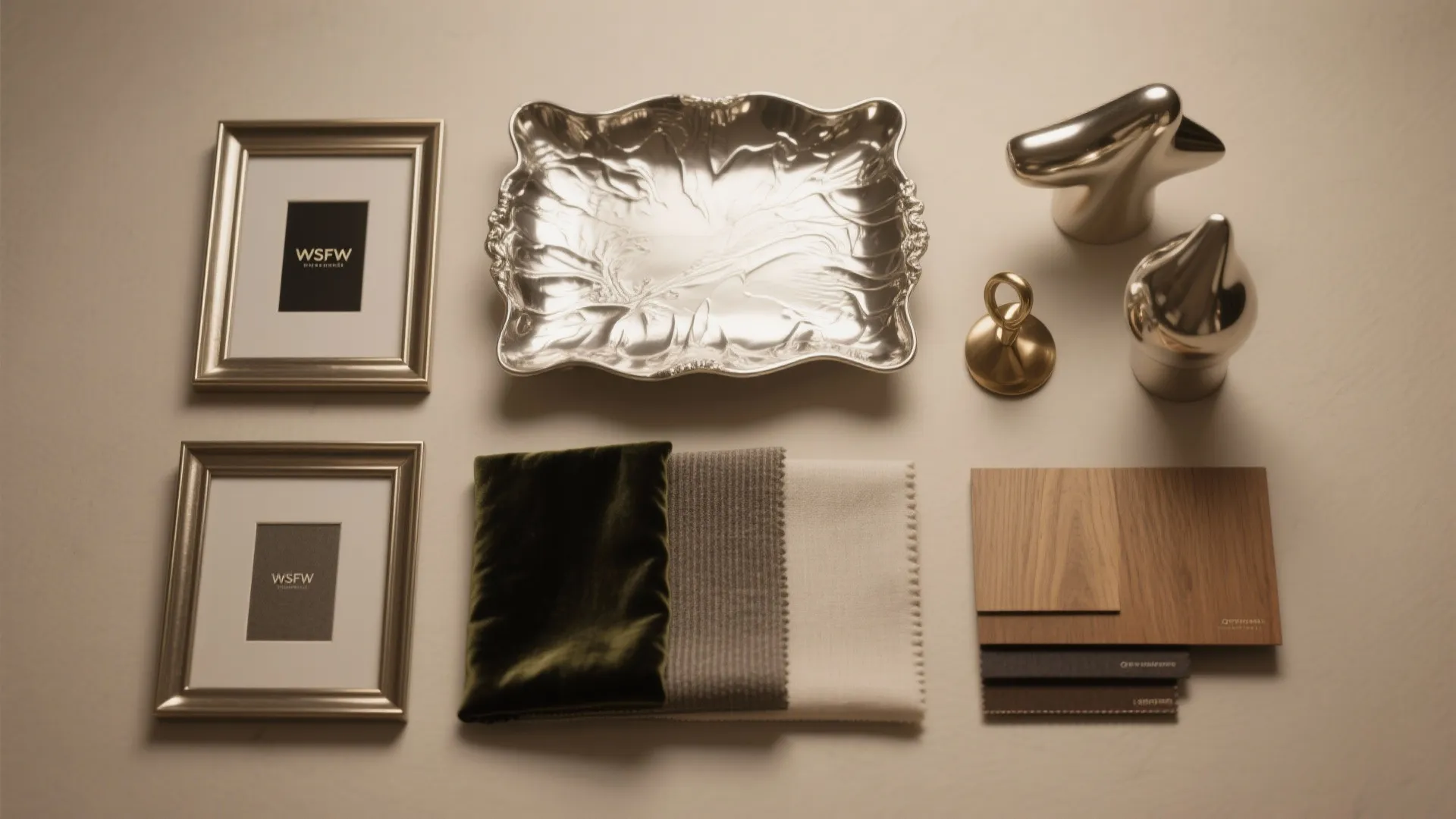 Flatlay of silver tray, metallic frames and fabric swatches showing curated accessories and finishes.