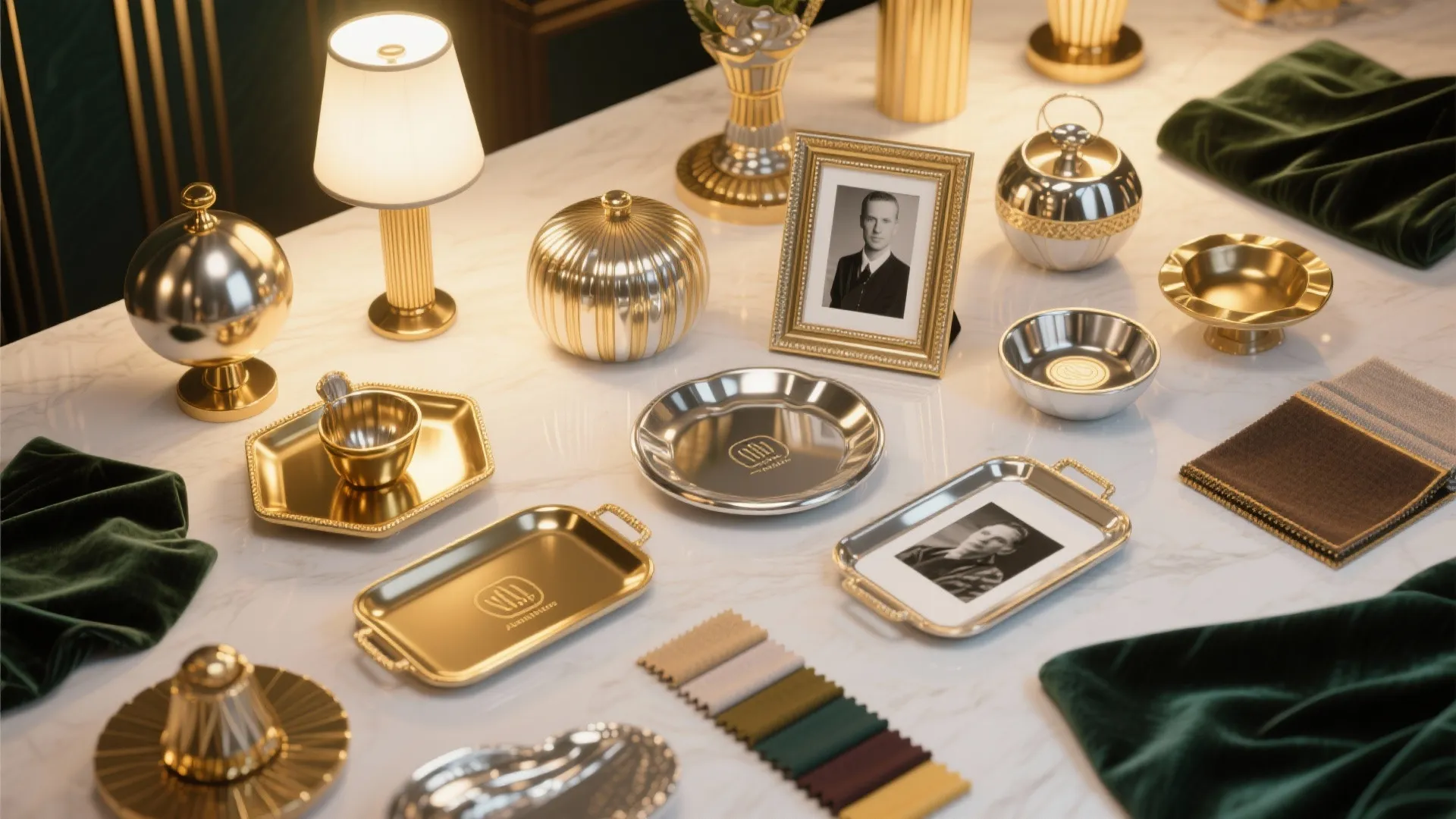 Metallic gold, silver, and chrome Art Deco accents with velvet fabrics
