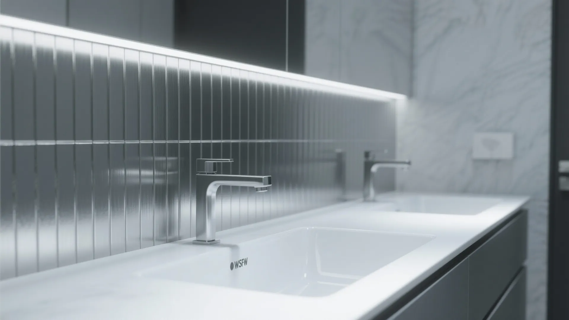 Modern bathroom with white double sinks and metallic wall panels featuring a bright light fixture