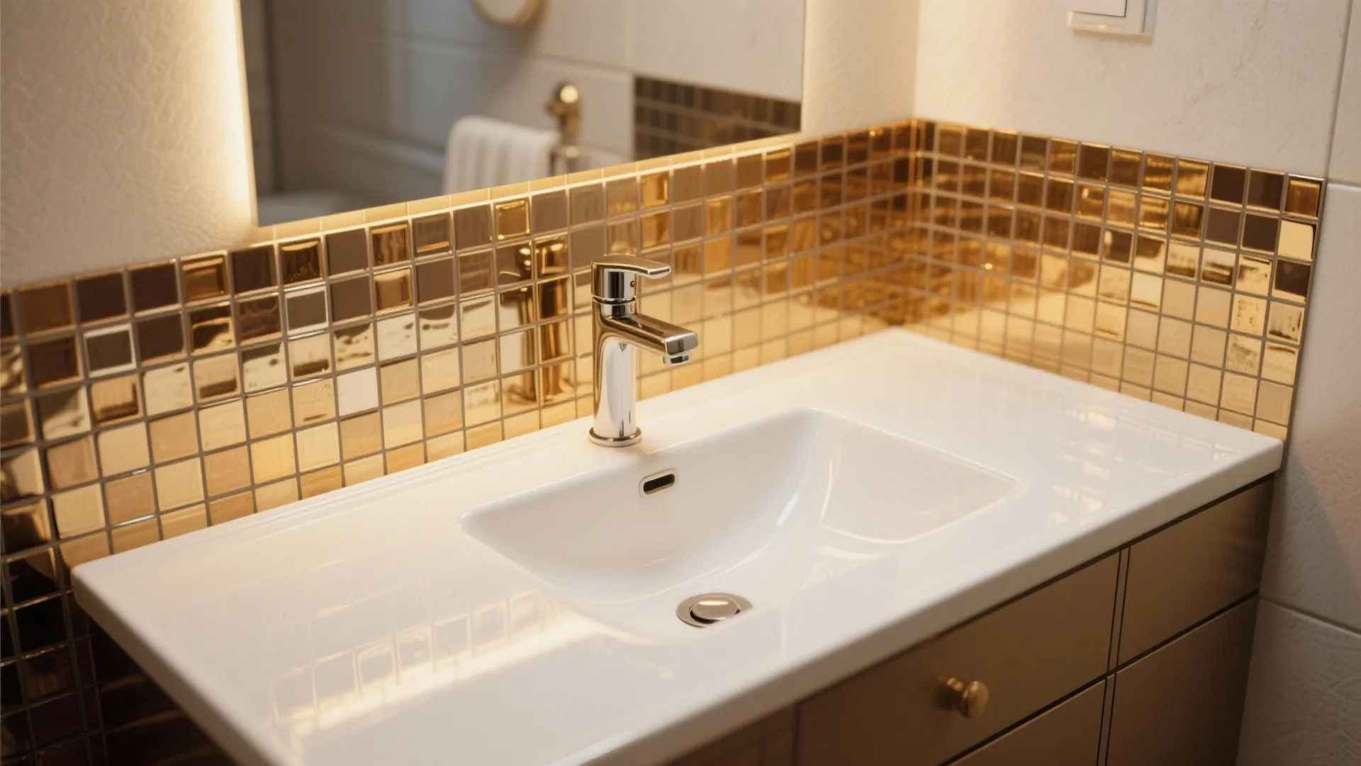 Gold and bronze metallic mosaic backsplash behind sink