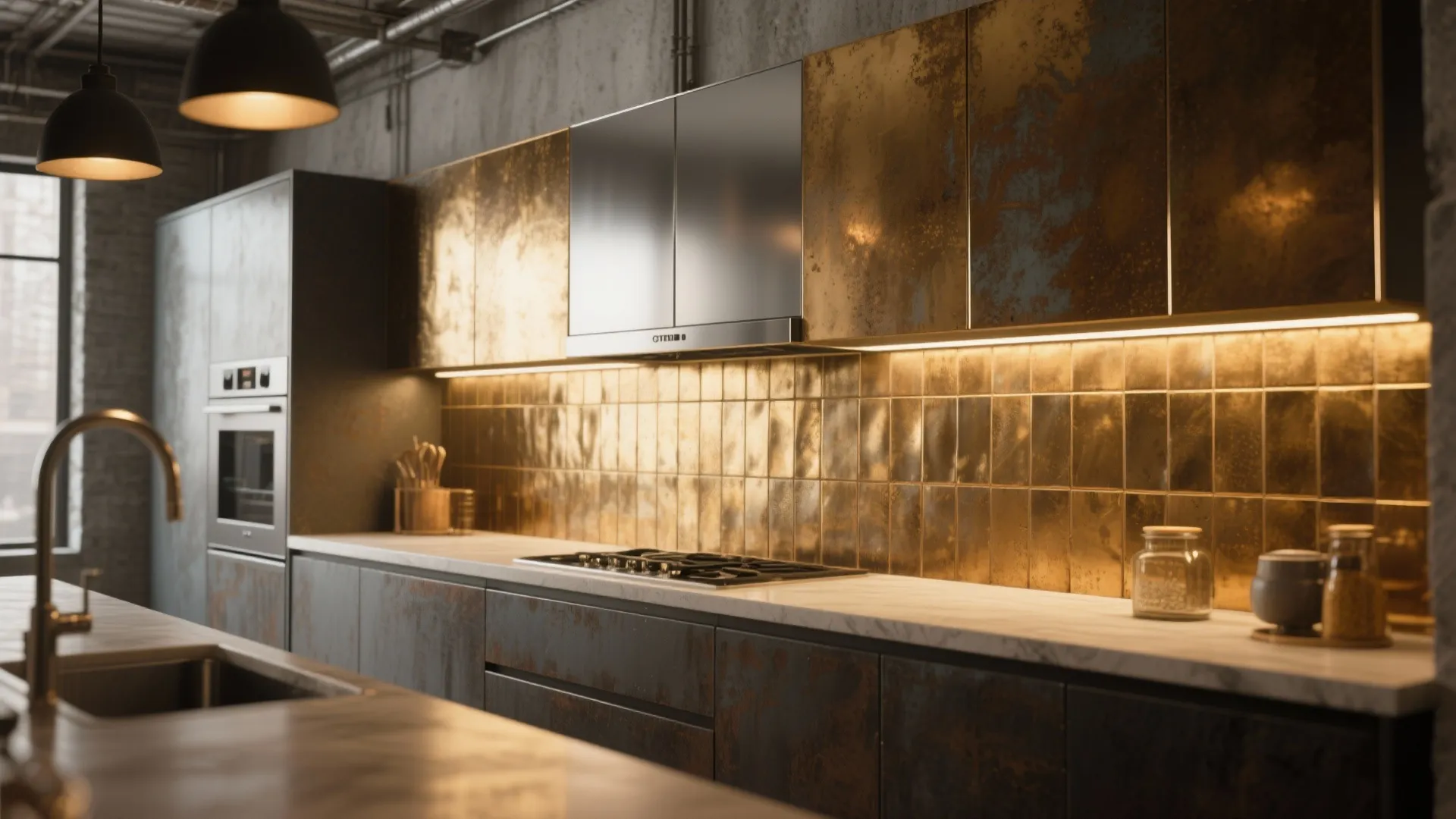 Industrial kitchen with gold wall tiles, dark metal cabinets, white marble countertop, and ceiling lights
