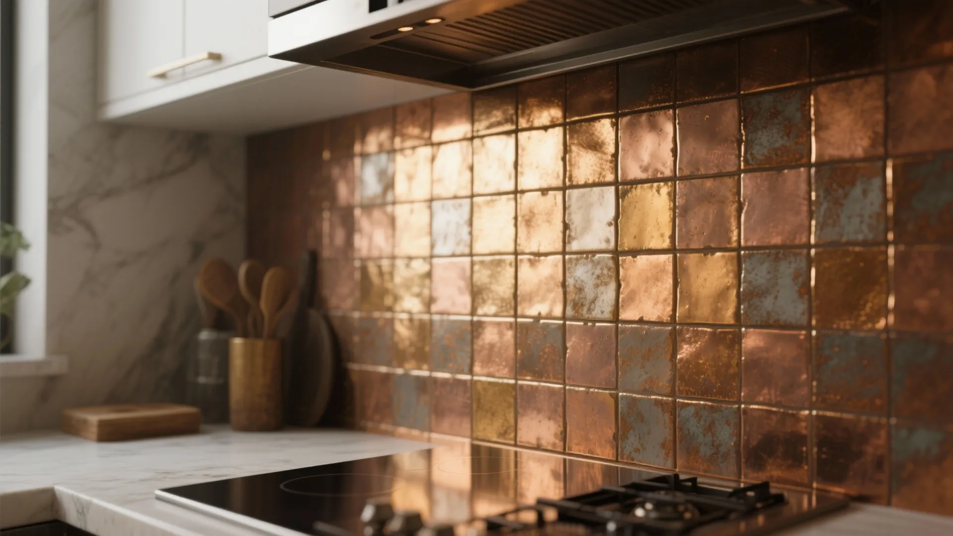 Modern kitchen with textured copper wall tiles above a black stove and white marble countertop