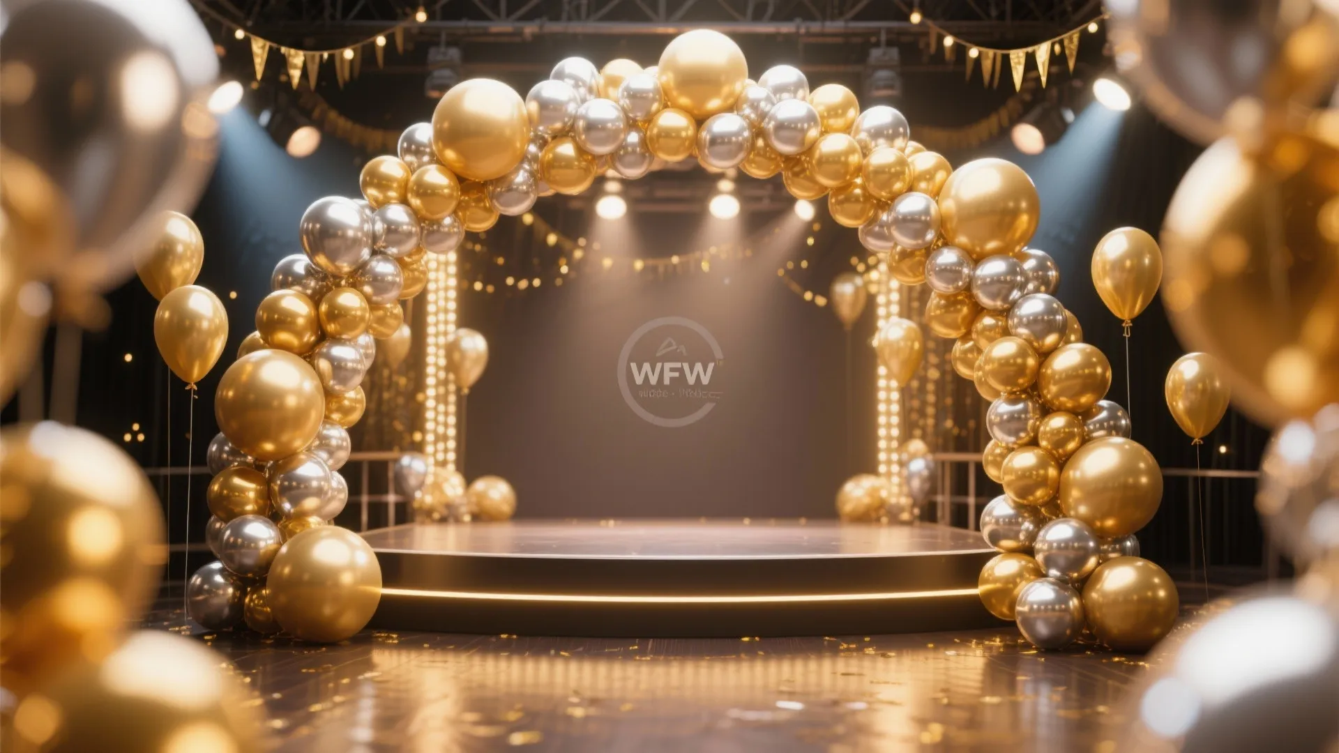Gold and silver balloon arch standing over a circular stage with bright stage lights decorations