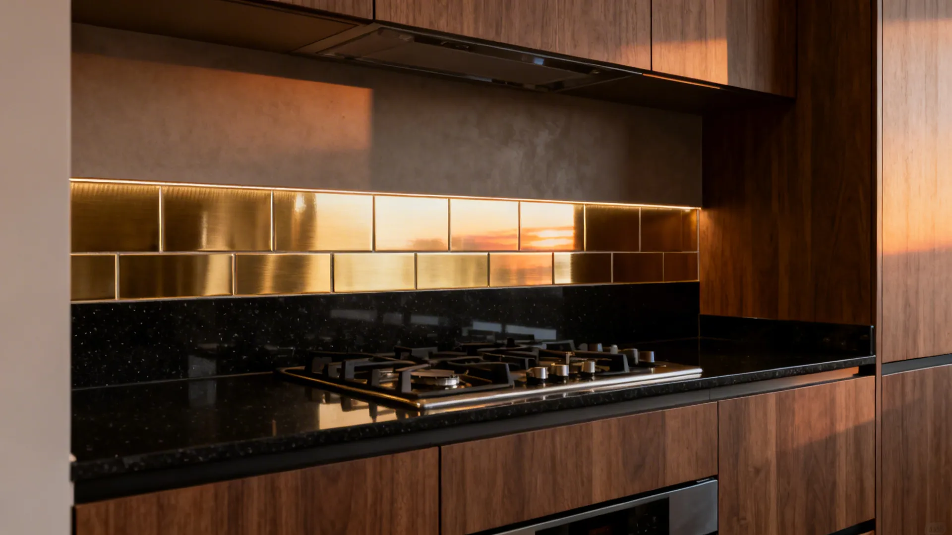 Metallic-effect glossy tile band behind a range balanced by wood cabinetry.