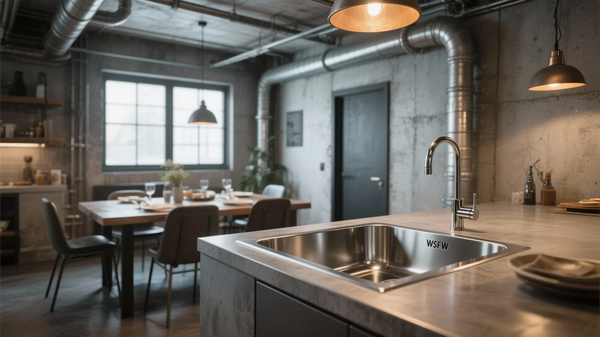 Industrial kitchen design with stainless steel sink on concrete counter and wooden dining table set