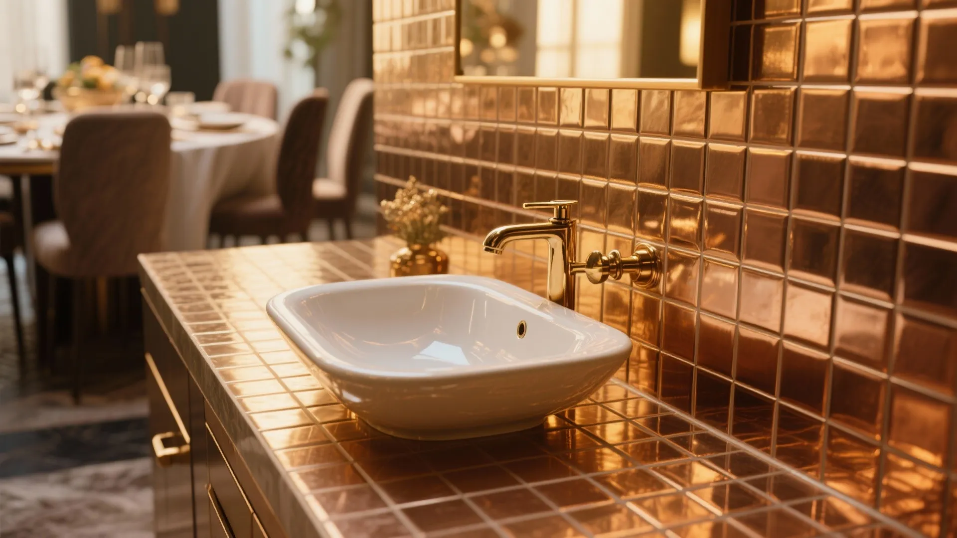 Brushed gold tiles detail shot at a dining room basin
