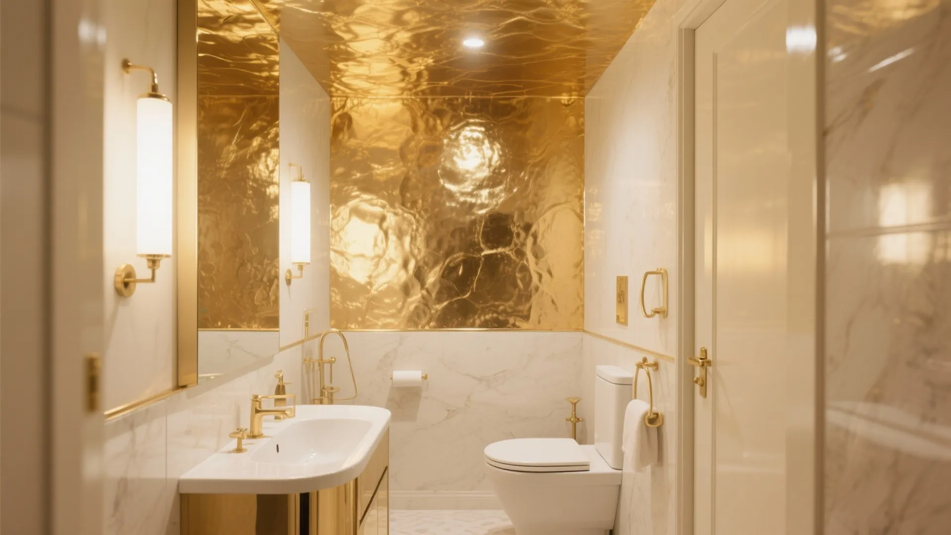 Small bathroom with shiny gold ceiling and wall plus marble tiles and gold sink fixtures
