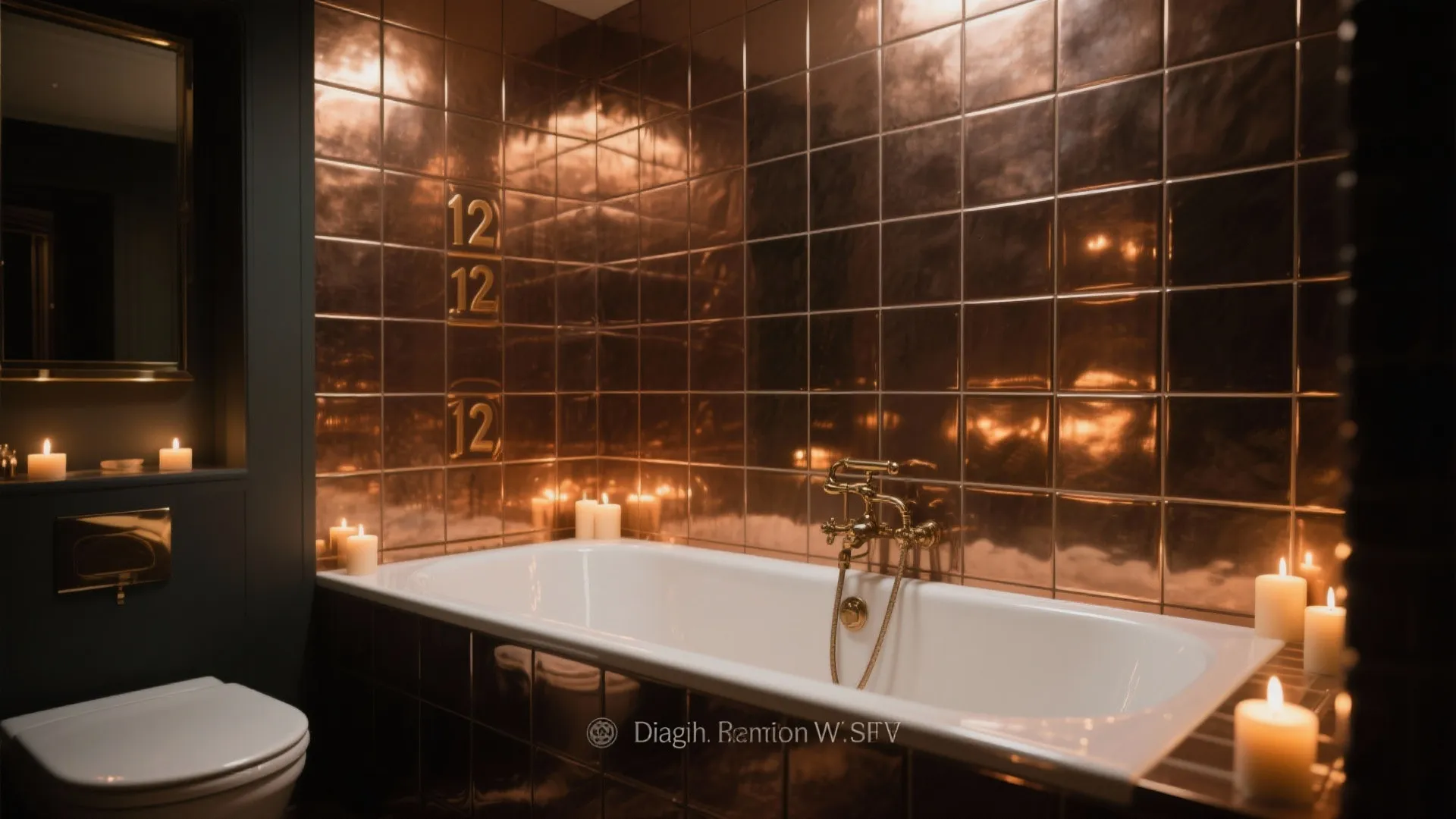 Luxury bathroom with copper tiles around white bathtub toilet and many candles for cozy mood