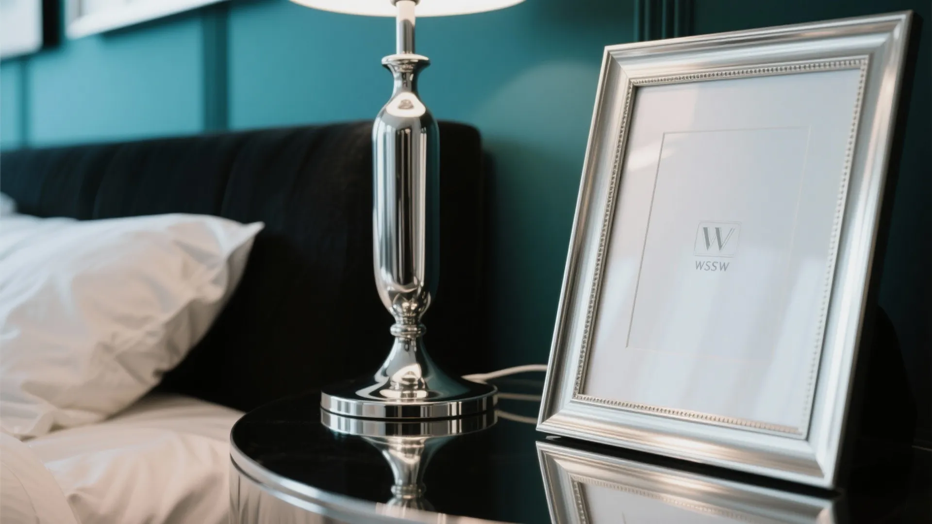 Metallic bedroom accents in silver and chrome with teal
