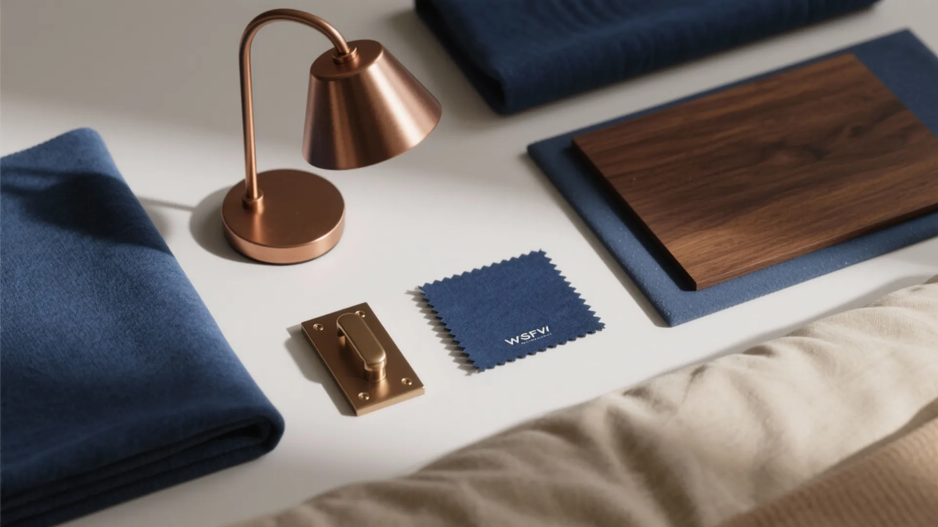 Interior design board with copper desk lamp plus blue fabric samples and dark wood material board