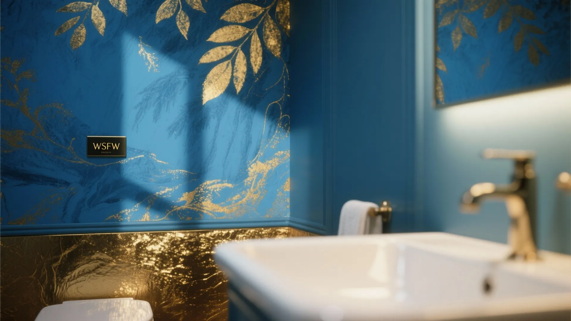 Close up of blue wall with gold leaf patterns metallic gold wall panel and sink