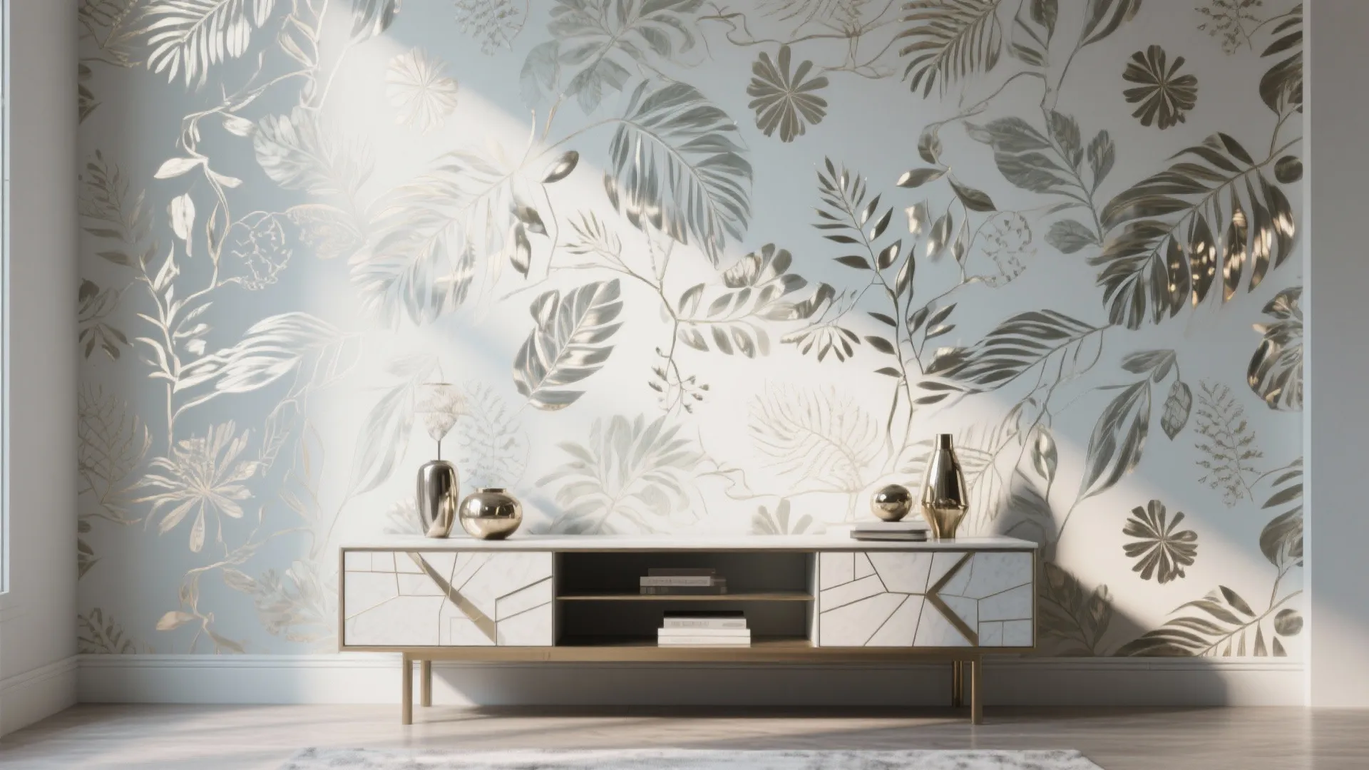 Low console against pale gray wall with oversized botanical wallpaper and metallic accents.