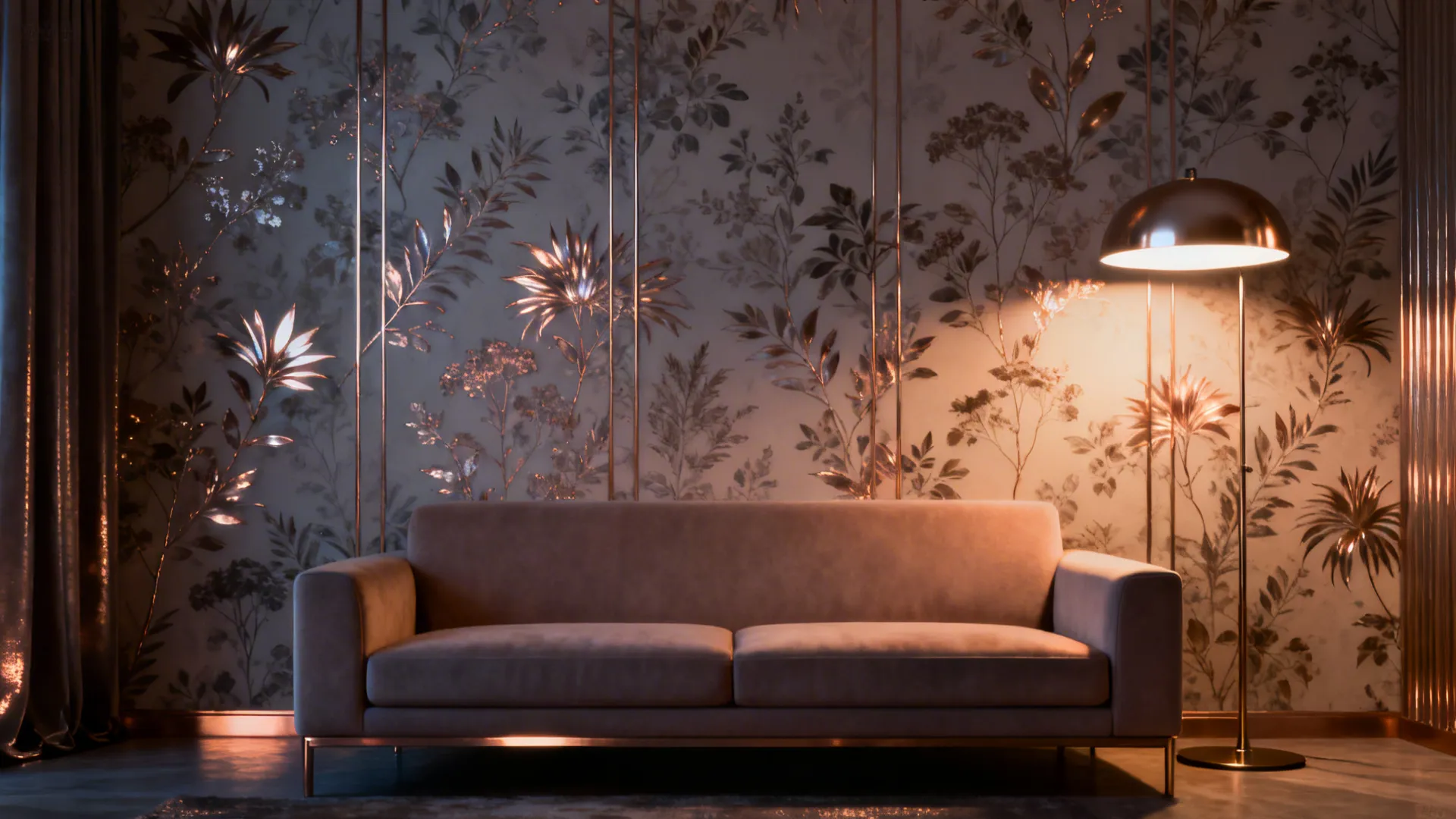 Feature wall botanical wallpaper with metallic accents glowing in evening light behind a matte sofa.
