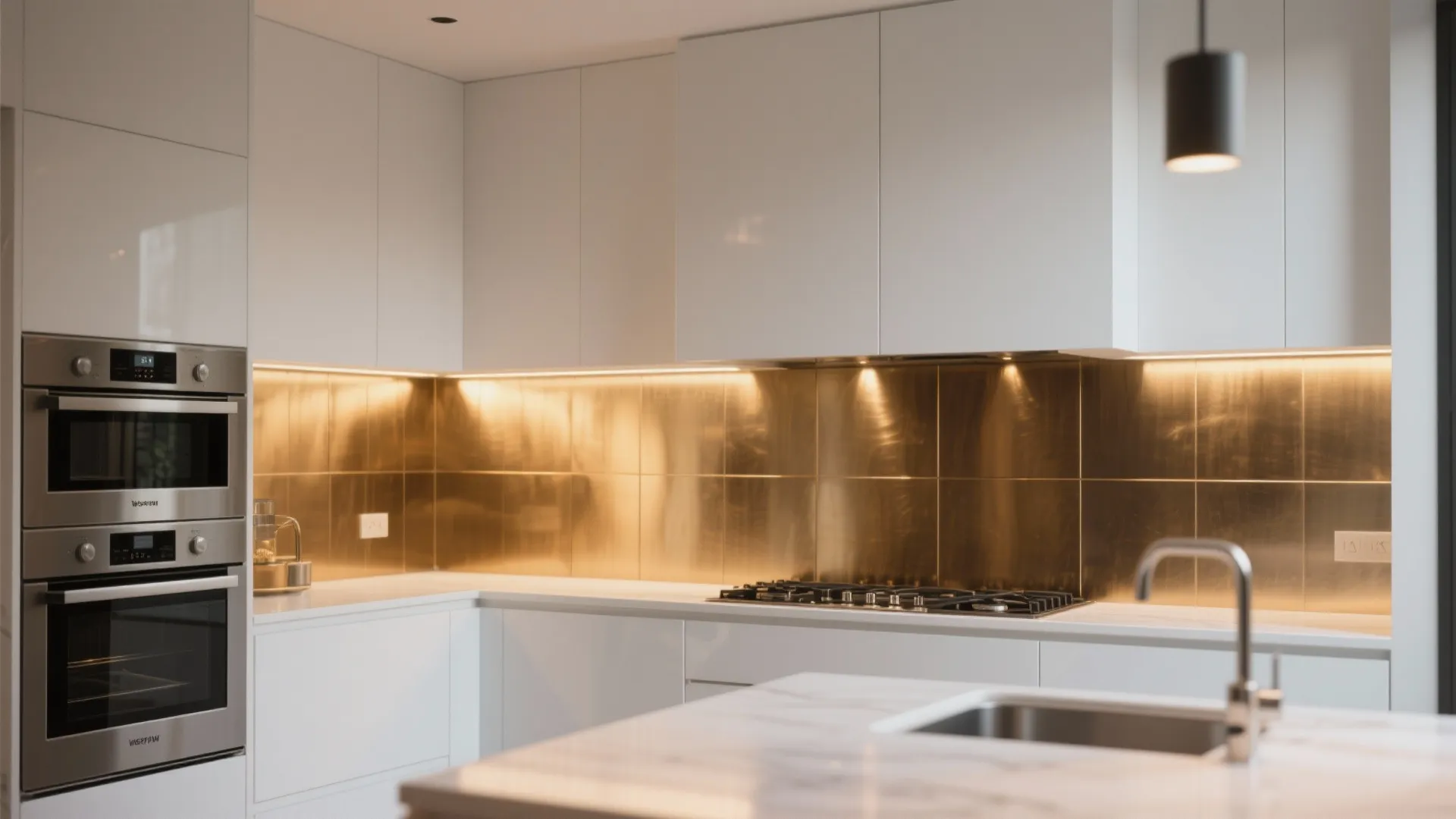 Modern white kitchen with gold wall panel and built in oven plus sink on marble island