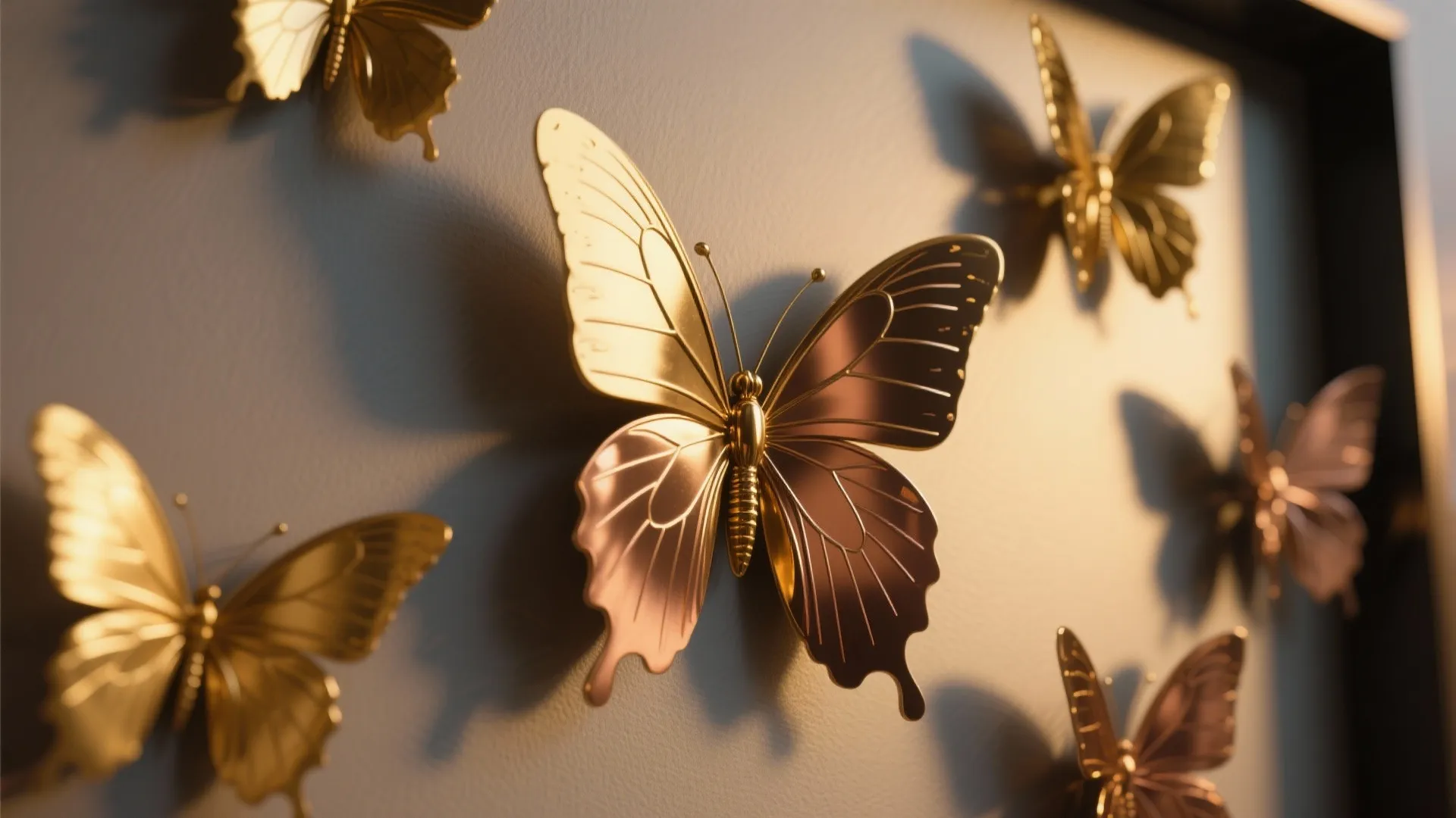 Golden metal butterfly wall decorations arranged on a grey surface with soft shadows and light