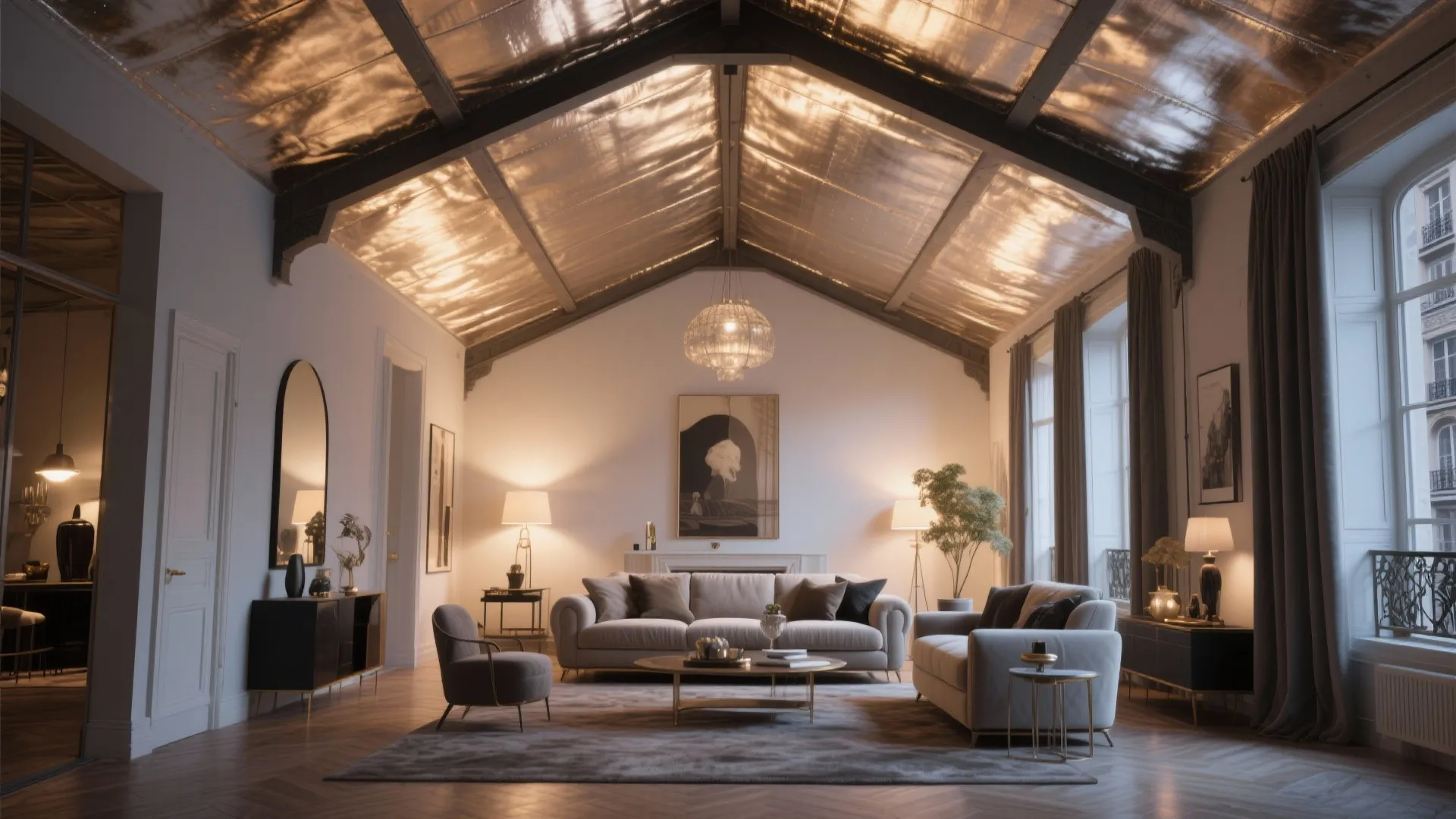 Luxury living room with metallic vaulted ceiling and grey sofas under a round ceiling light