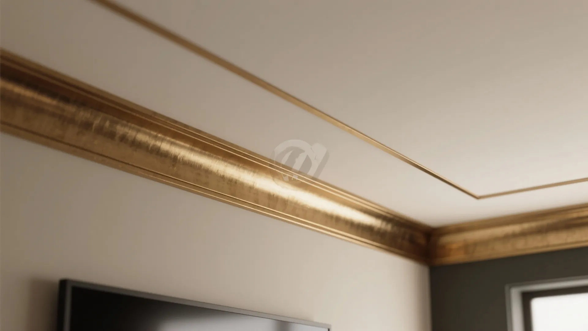 Close up view of golden metallic ceiling trim along the wall in a modern room