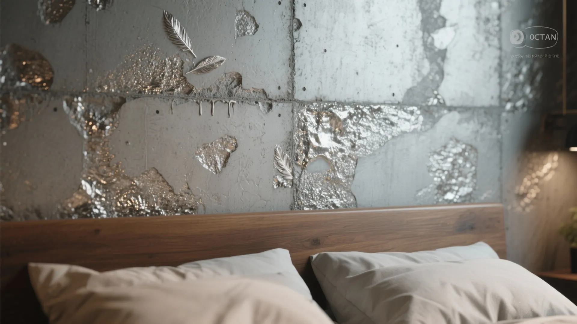 Modern bedroom with grey cement wall featuring silver leaf patterns behind a wooden bed frame