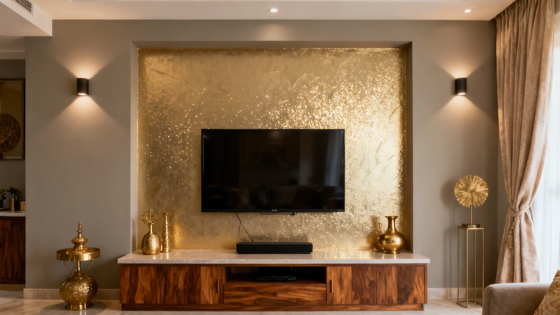 Champagne-gold metallic plaster feature wall behind TV with matte furnishings and brass accents.