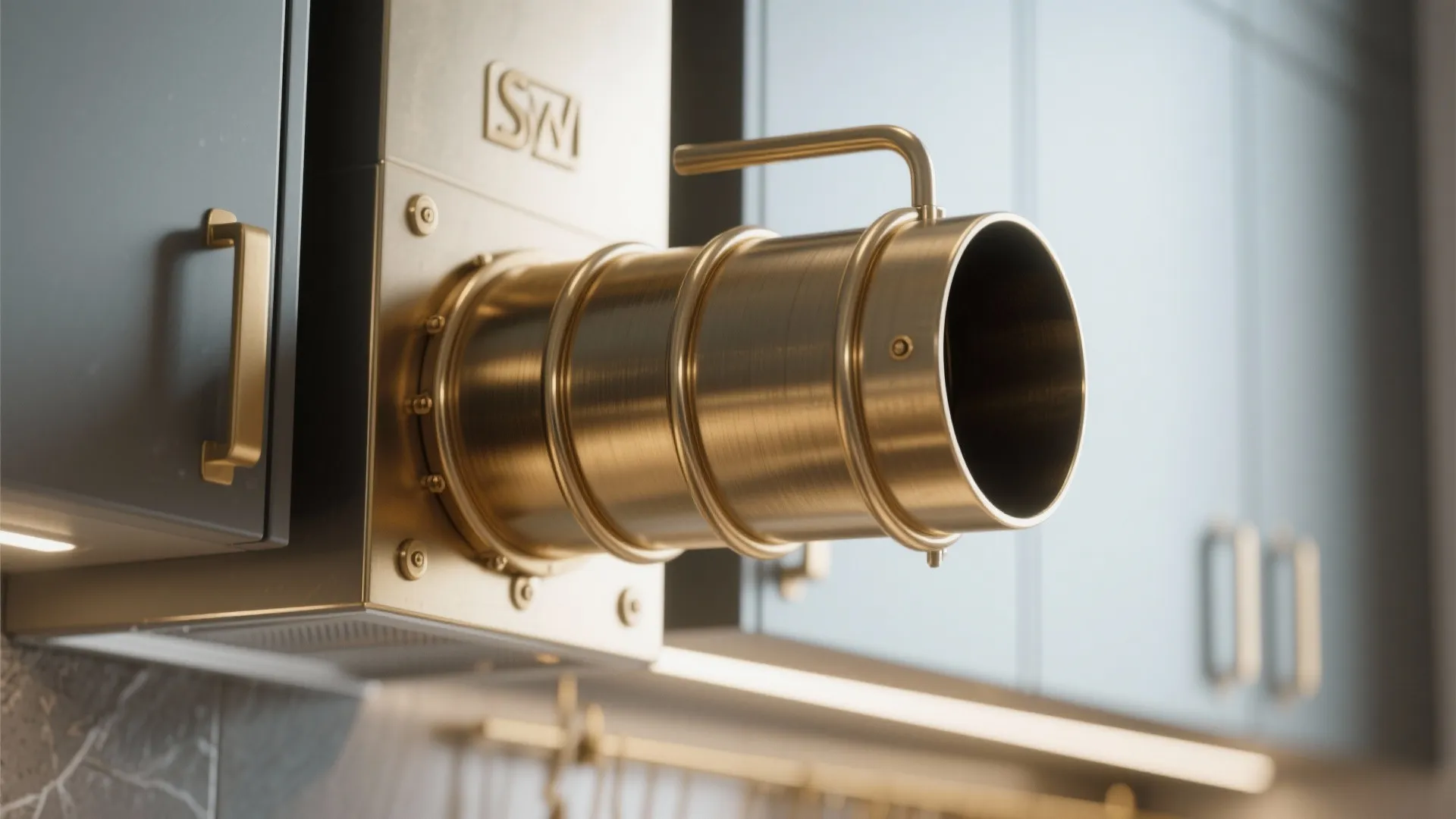 Close-up of brushed brass cover encasing a kitchen chimney pipe