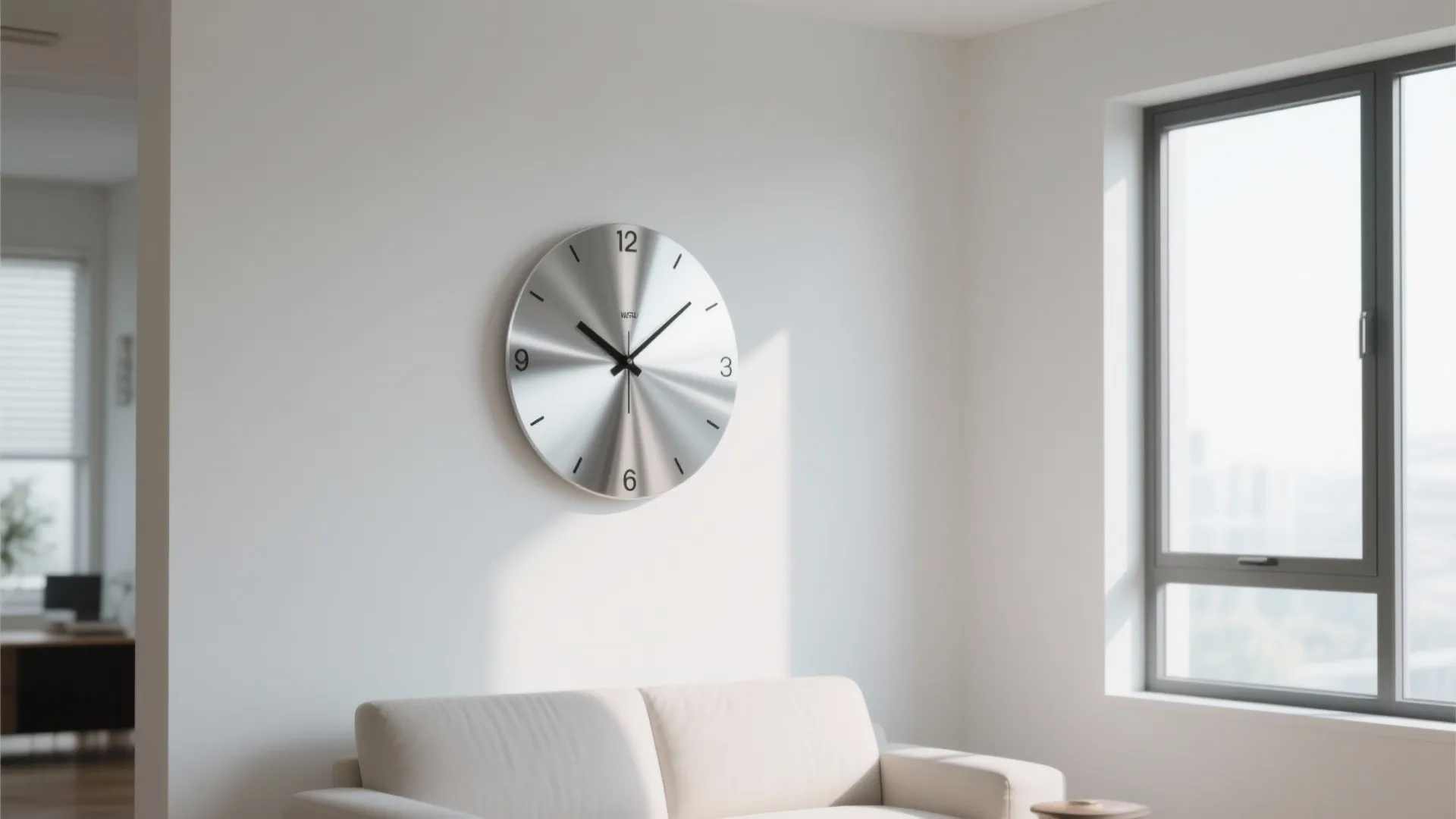 Silver metallic wall clock hanging on white wall next to window above white modern sofa