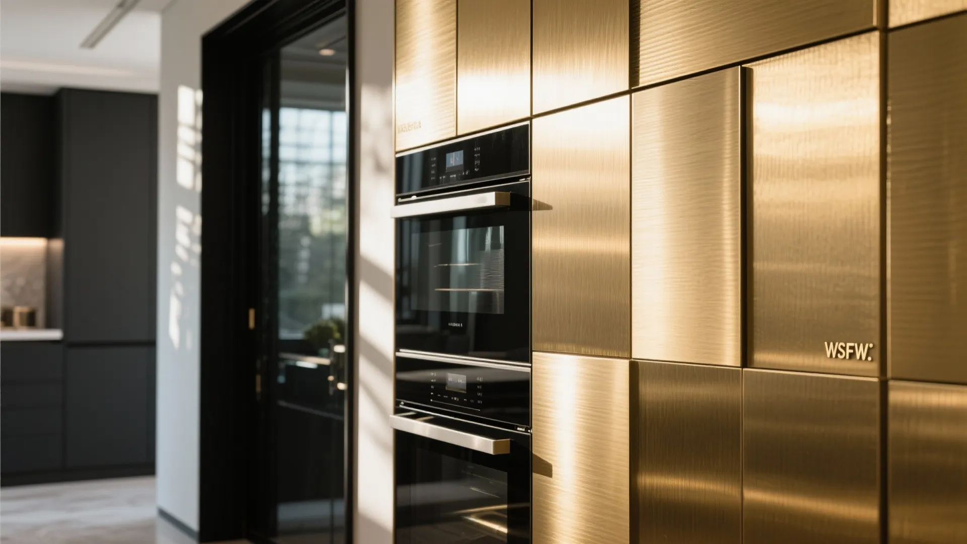 Built-in double ovens set into a golden textured metal cabinet wall in a modern kitchen