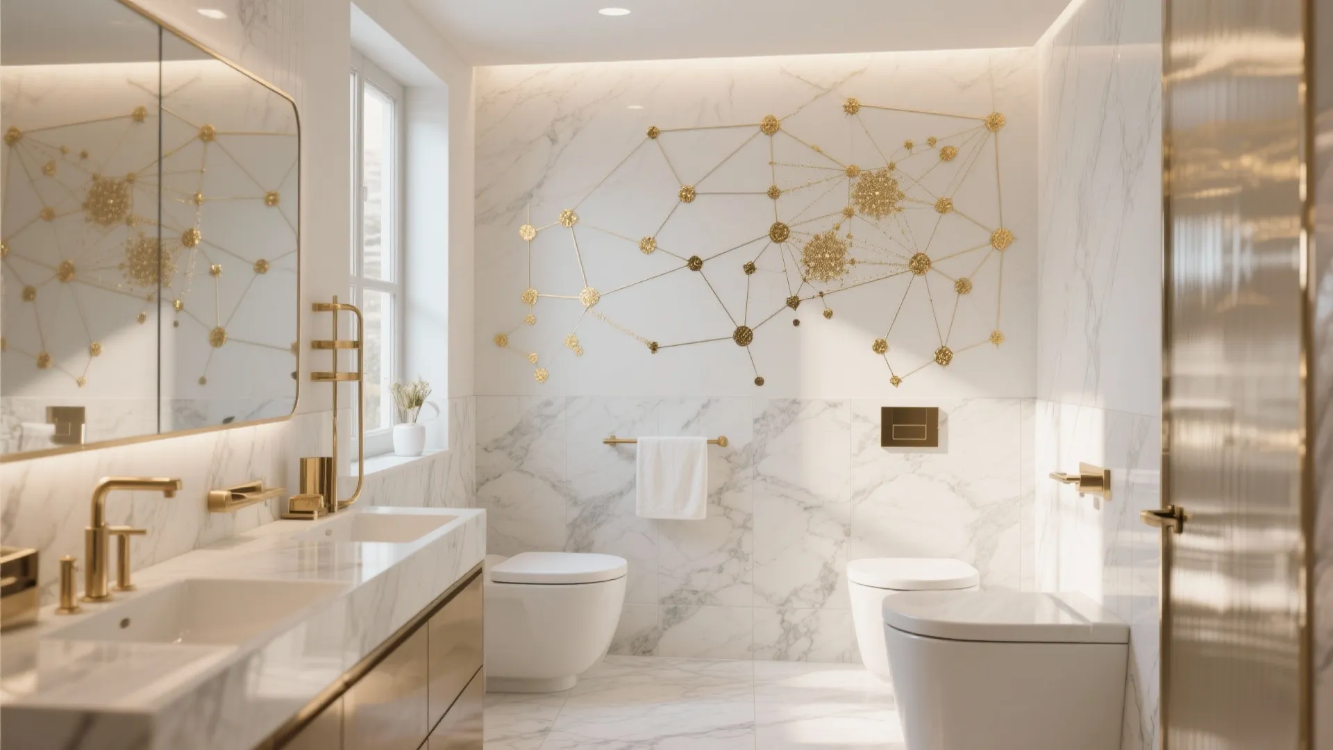 Elegant bathroom with gold constellation wall decals reflecting light