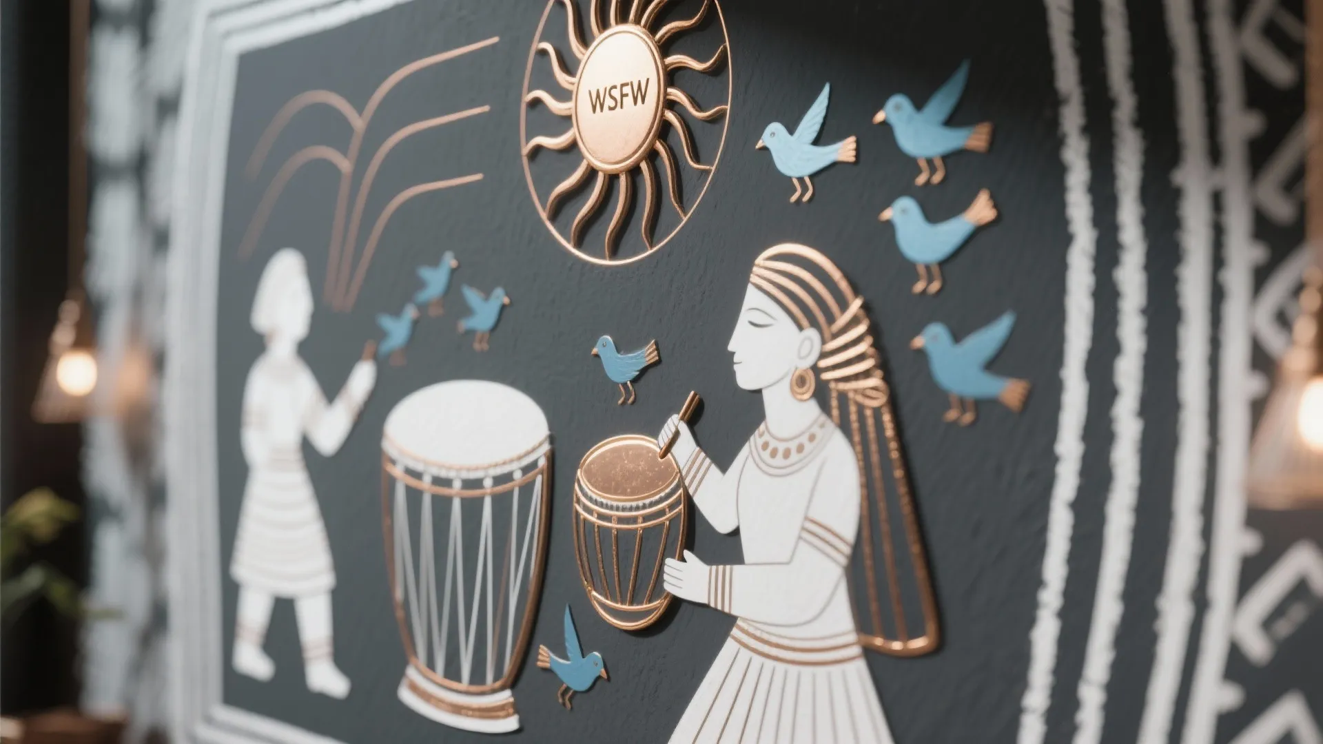 Black wall panel with gold and white art showing people playing drums with blue birds