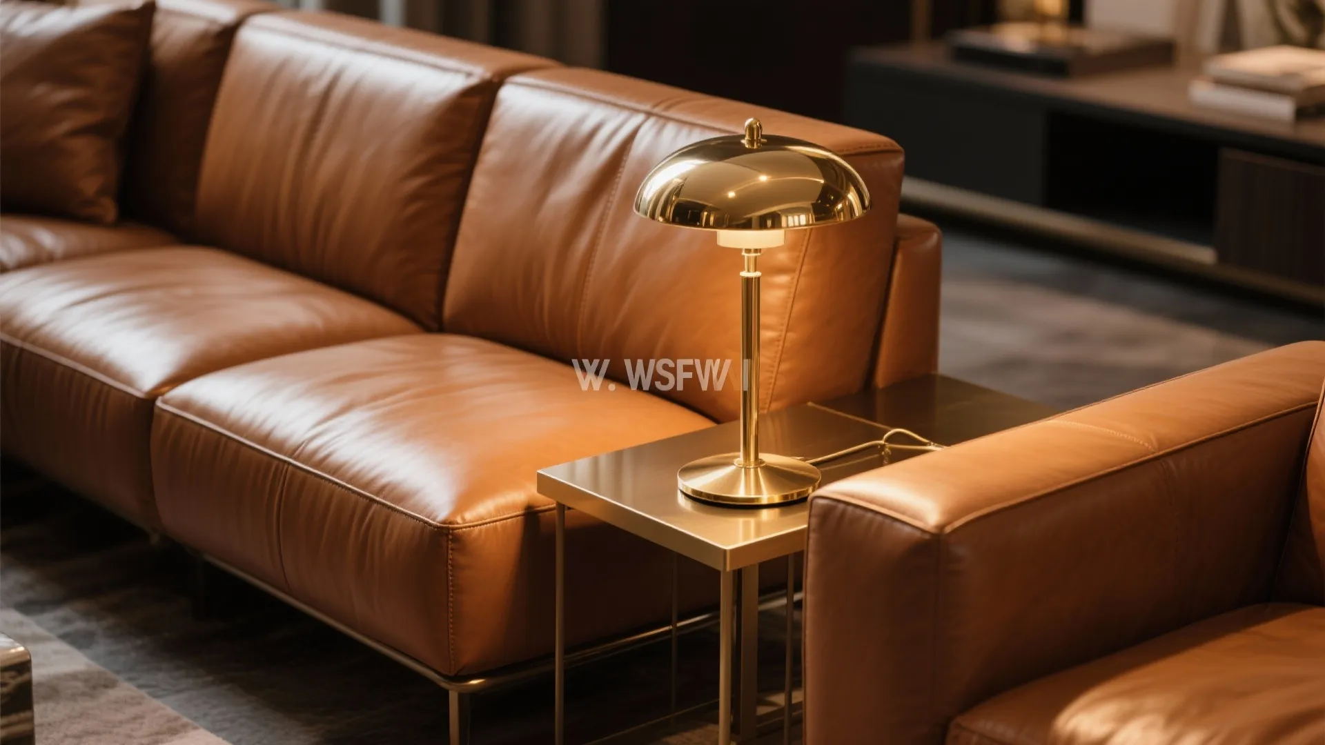 Brushed brass lamp beside caramel leather sectional