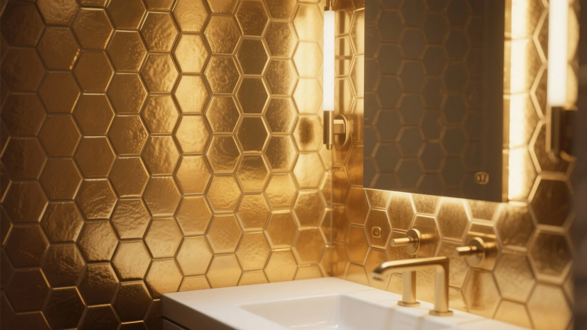 Golden bathroom wall with hexagon tiles and a white sink featuring a gold water faucet