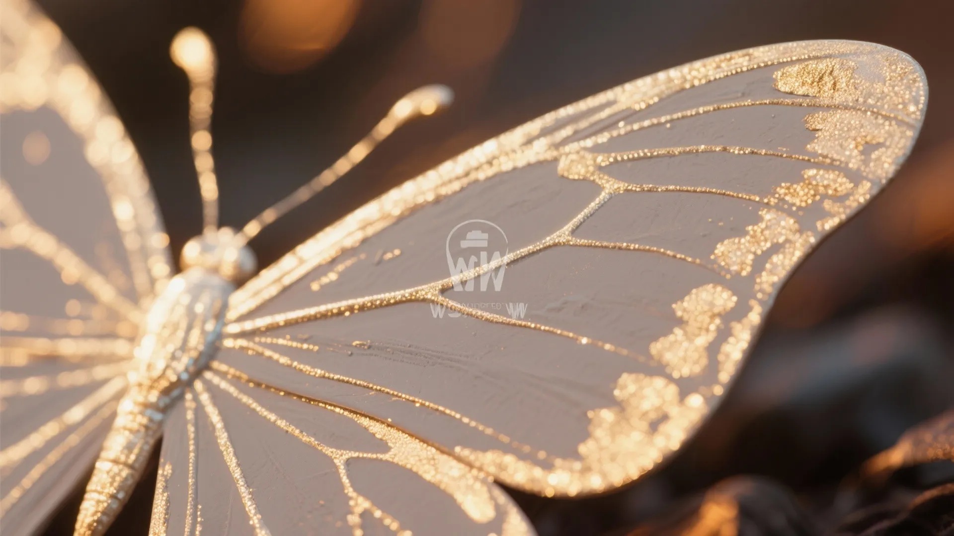 Close-up of a decorative butterfly wing featuring gold metallic textures and detailed patterns on light surface