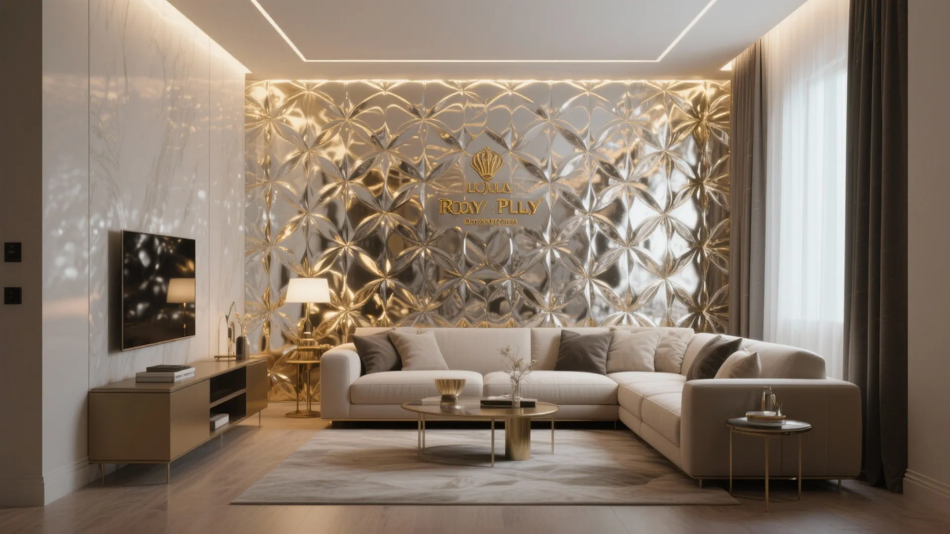 Living room with white sofa and gold wall panel plus a tv cabinet and round table