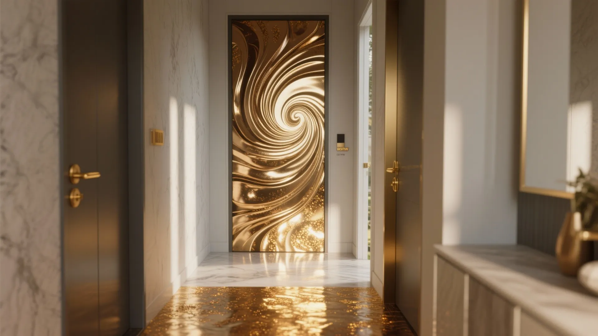 Small entryway with a metallic swirl epoxy finish catching light, warm gold and bronze highlights.