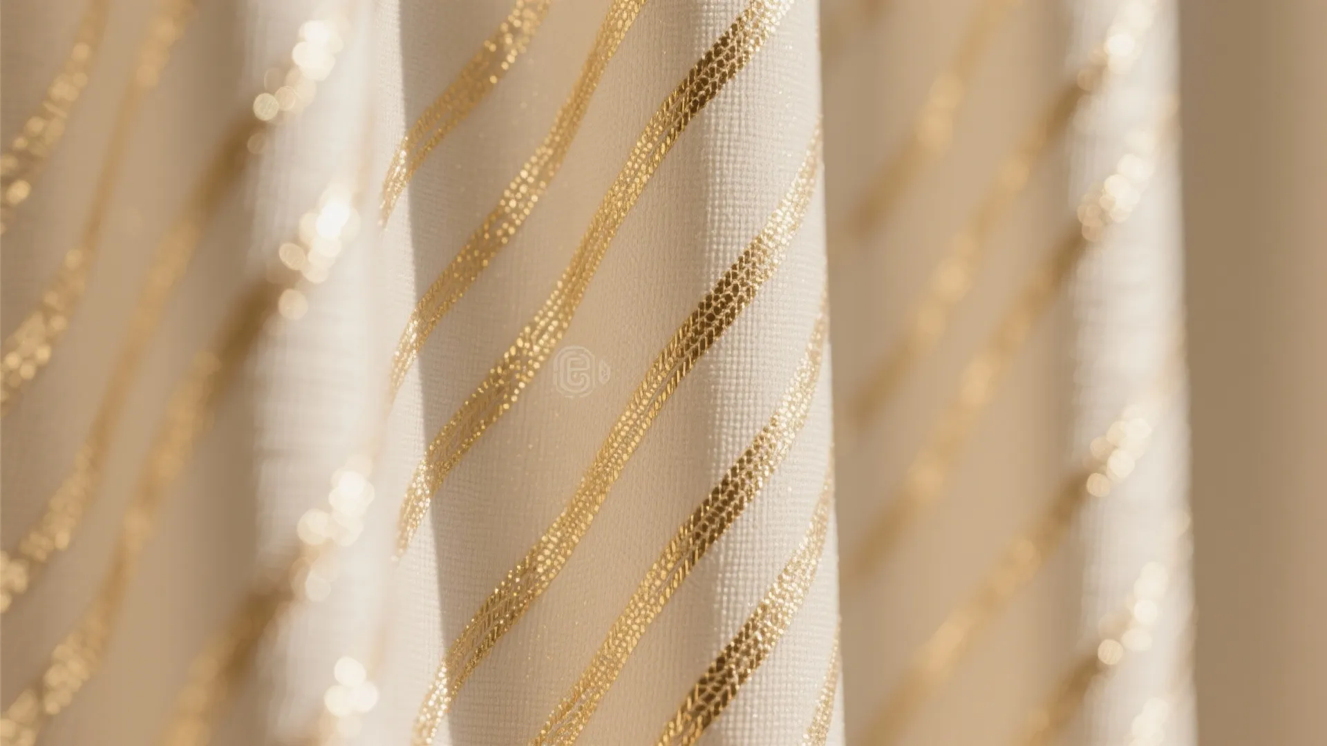 Close up view of white fabric with shiny gold diagonal lines for elegant home curtain design