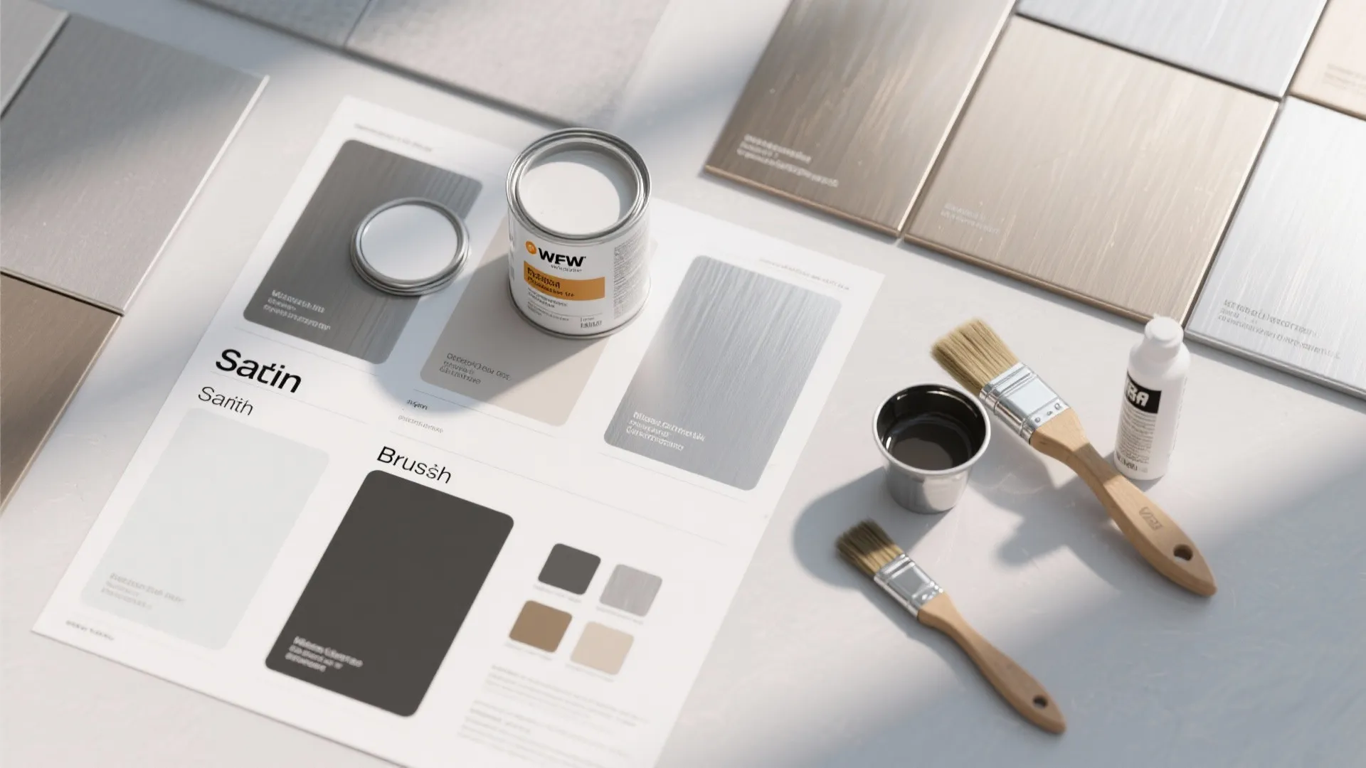 Interior design guide showing satin and brush finishes with paint cans brushes and metallic samples