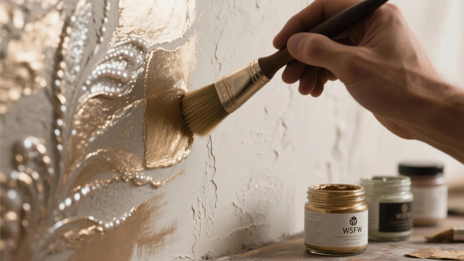 Hand applying gold paint with brush on textured wall with decorative floral pattern and jars