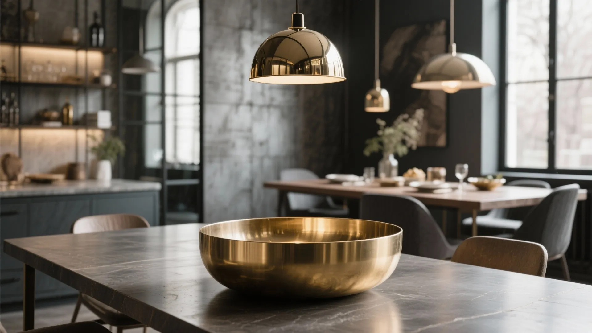 Gold metal bowl on a dark dining table with gold ceiling lights and kitchen background