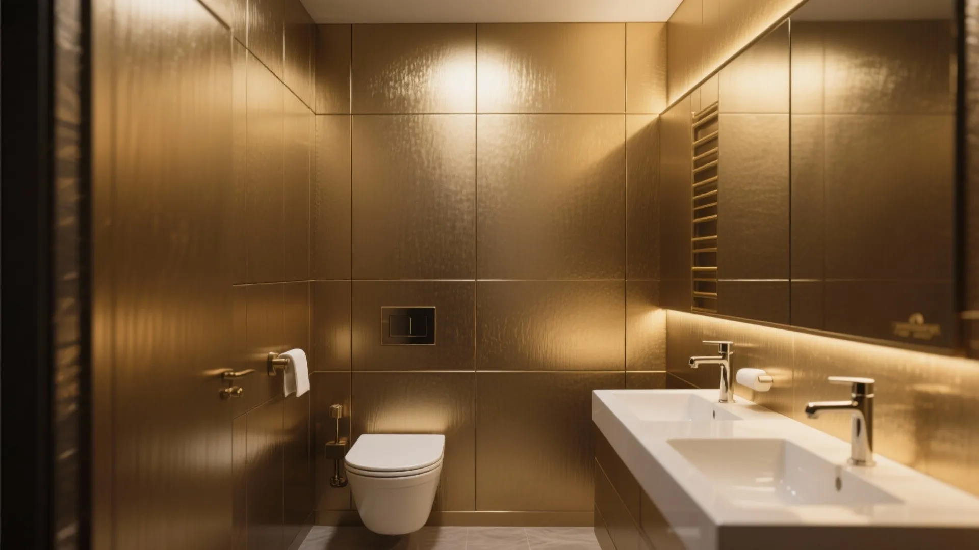 Small bathroom with brushed gold metallic finish wall panels