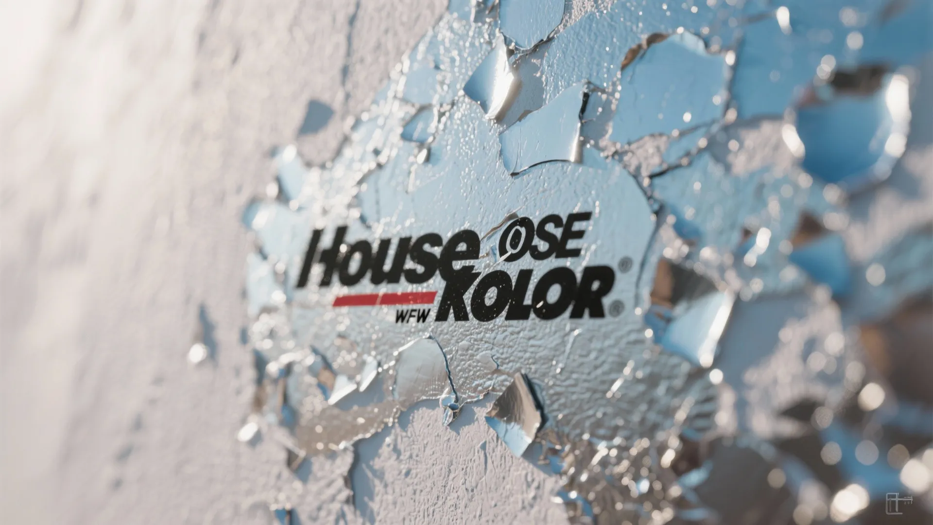 Macro view of metallic paint flakes on a wall showing depth and subtle reflections under daylight.